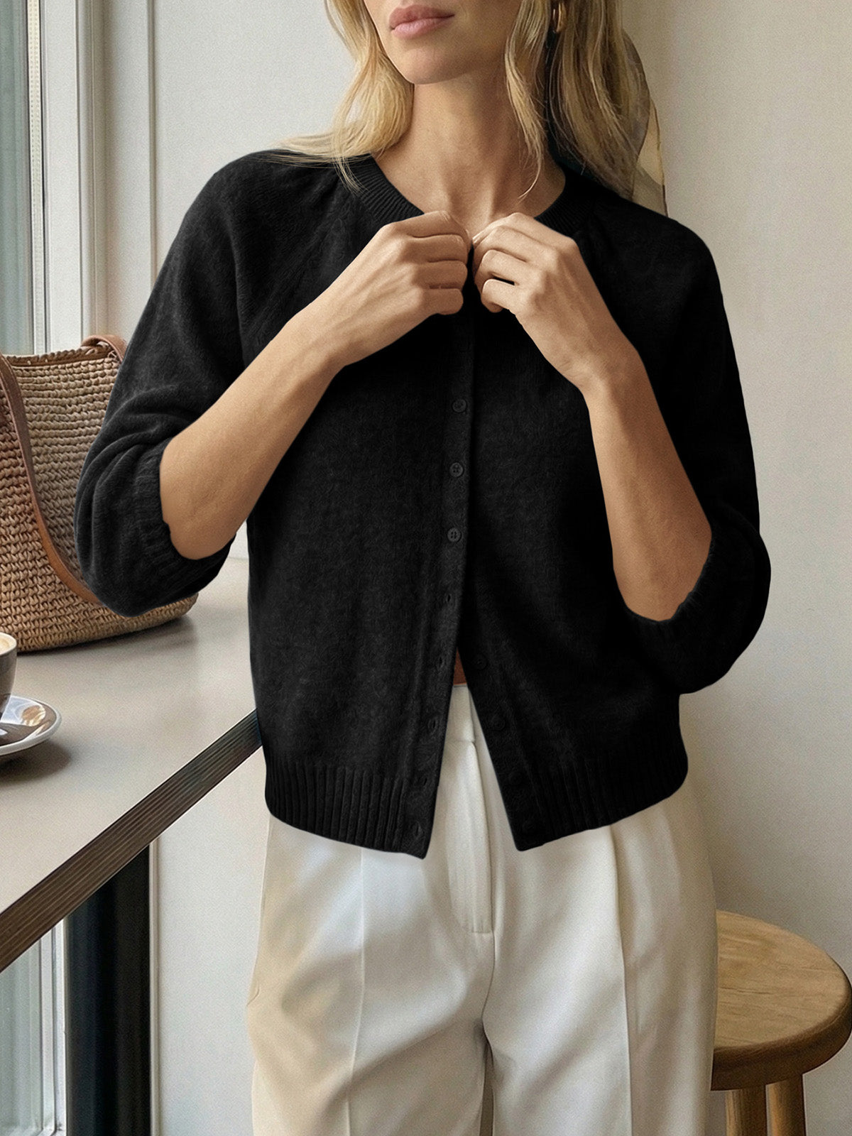 Saodimallsu Womens Puff Sleeve Knit Cardigan