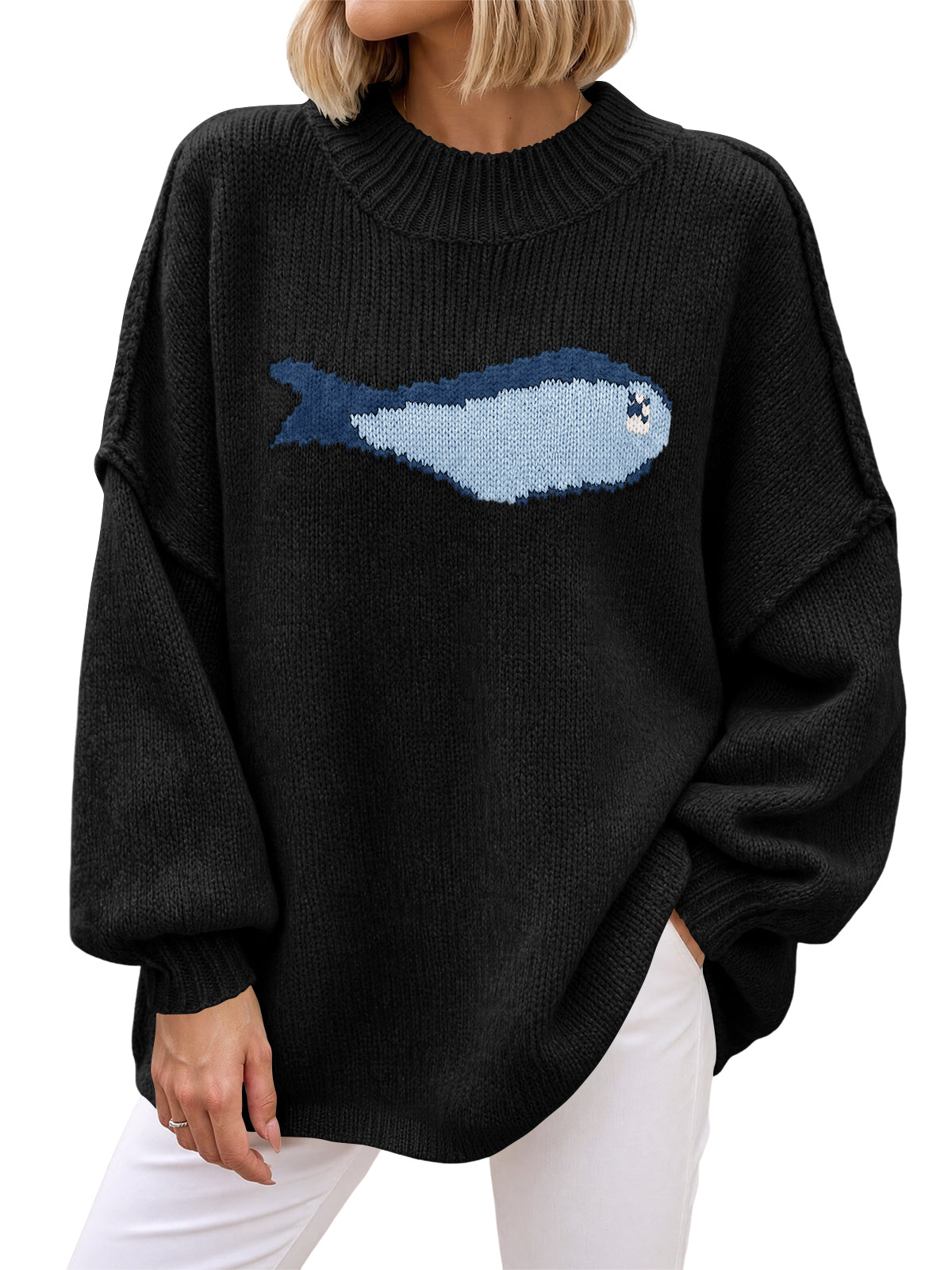 Saodimallsu Womens Fish Graphic Oversized Sweater