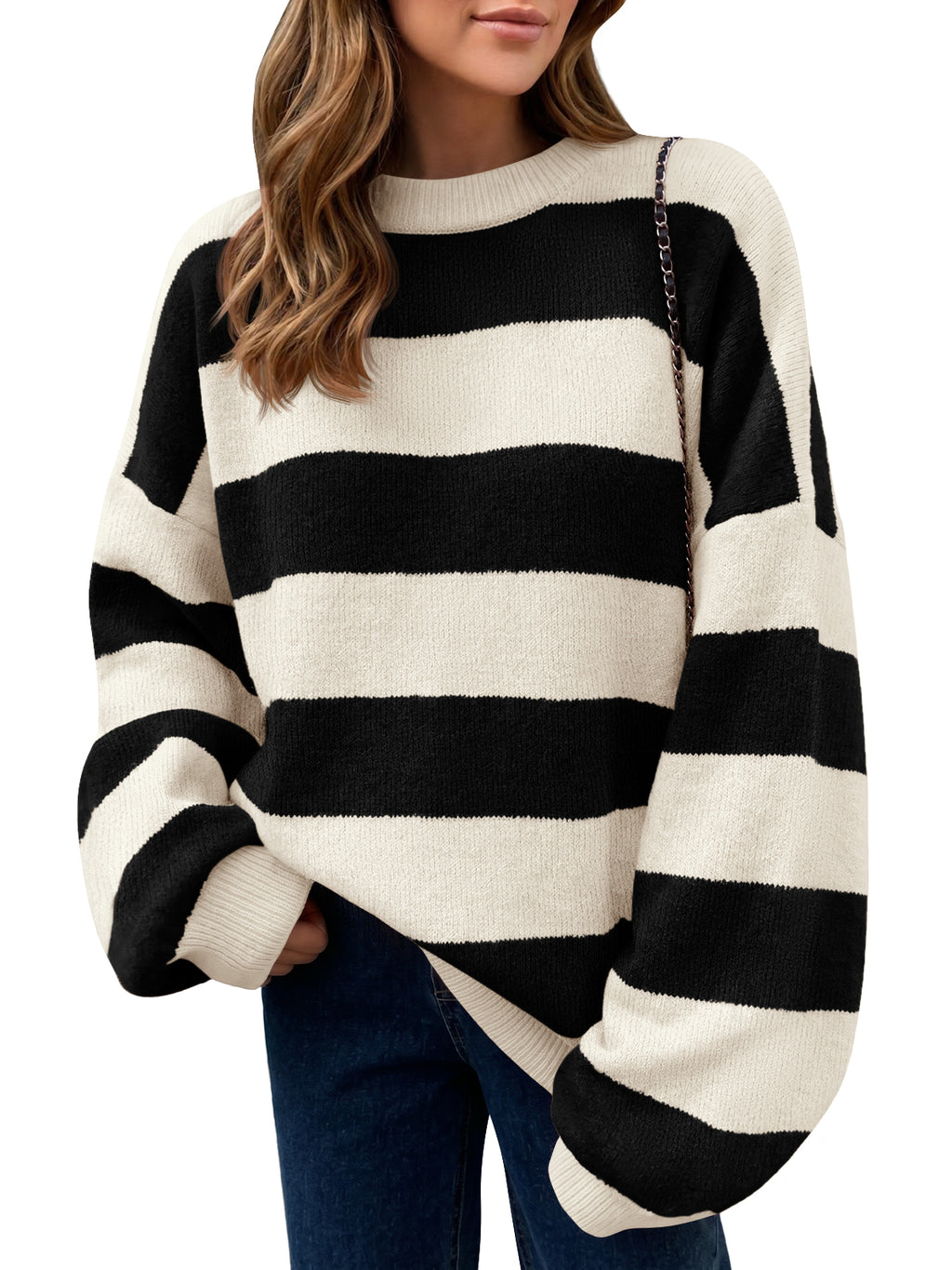 Saodimallsu Womens Oversized Striped Knit Block Sweaters