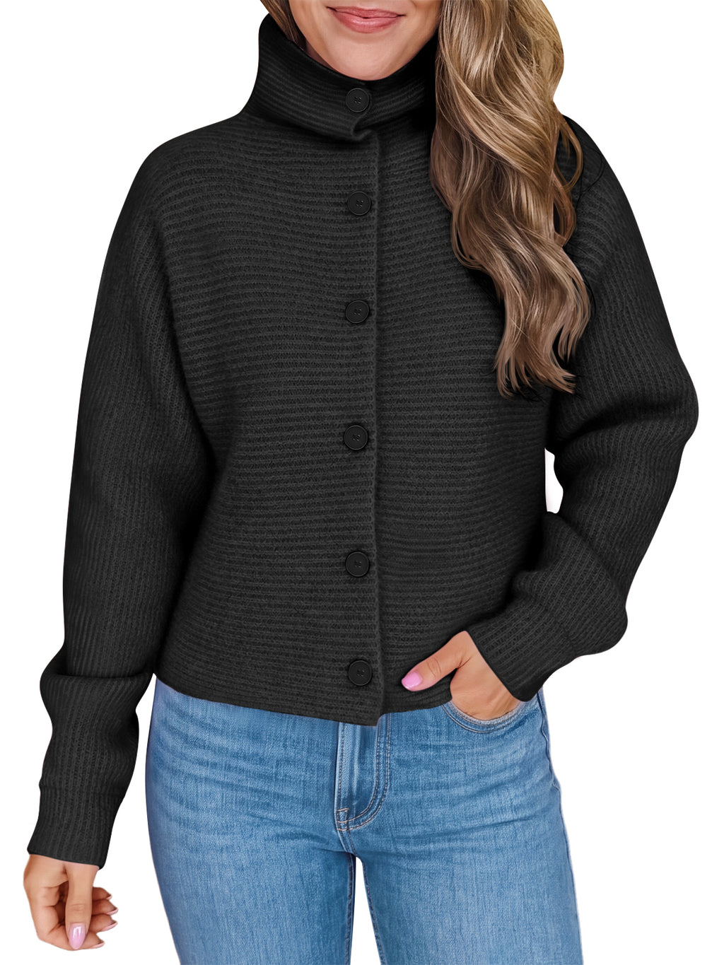 Saodimallsu Womens Mock Neck Button Cardigan