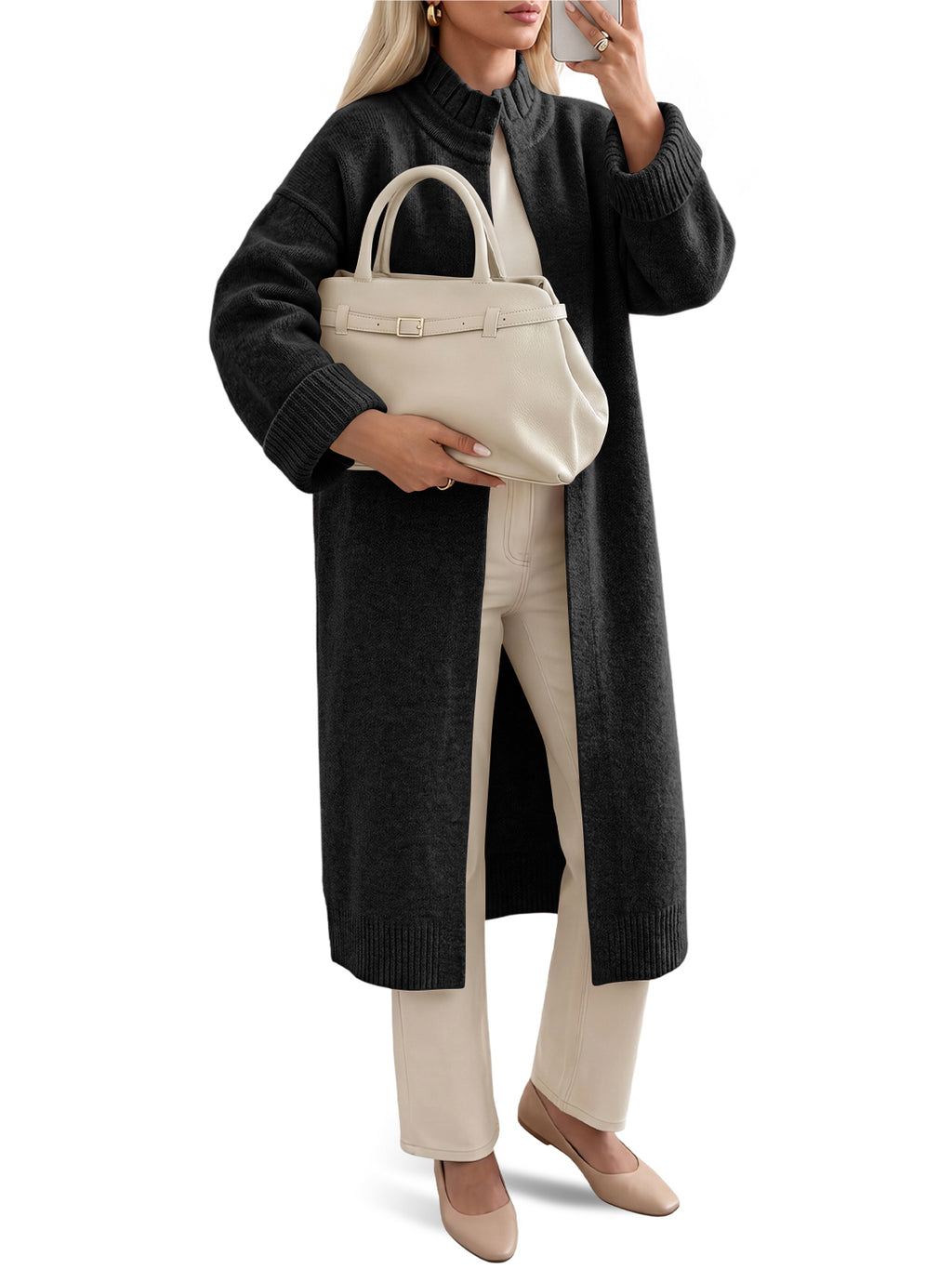 Saodimallsu Womens Ruffle Mock Neck Long Cardigan