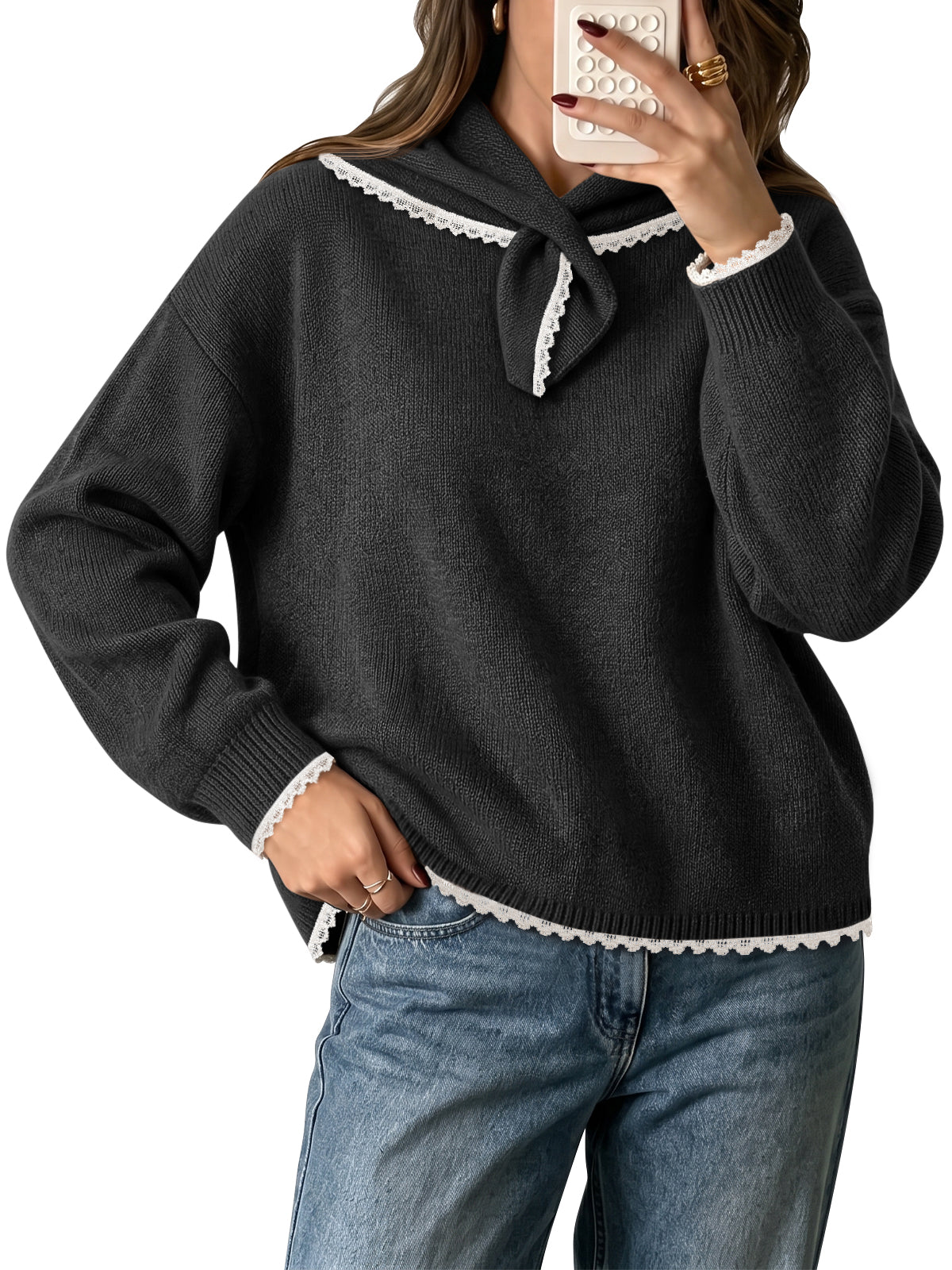 Saodimallsu Womens Scarf Collar Sweater Top