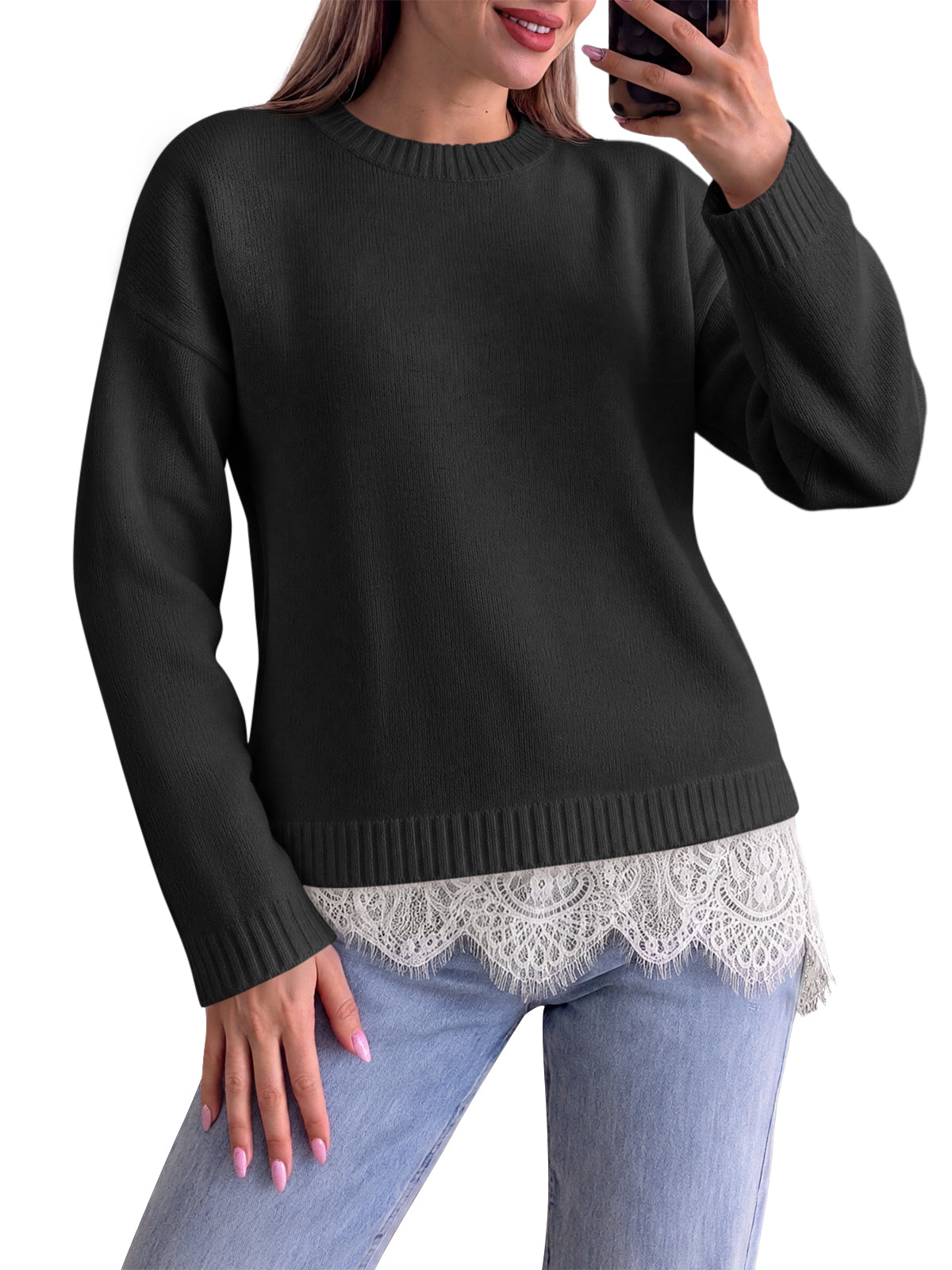 Saodimallsu Womens Lace Patchwork Knit Sweater