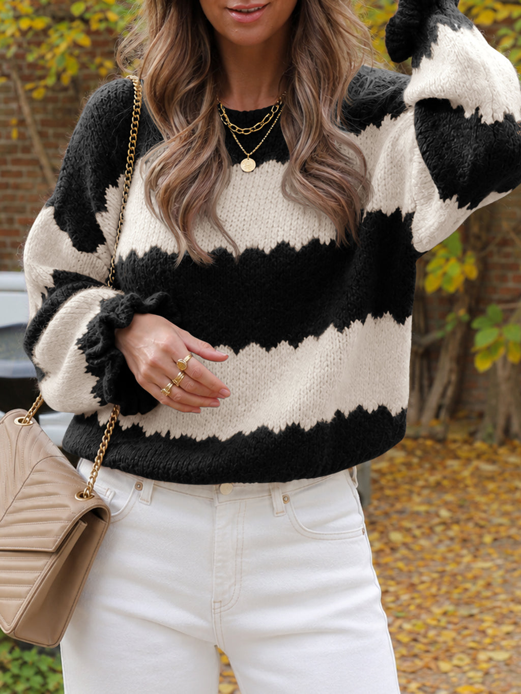 Saodimallsu Womens Striped Color Block Ruffle Sweaters