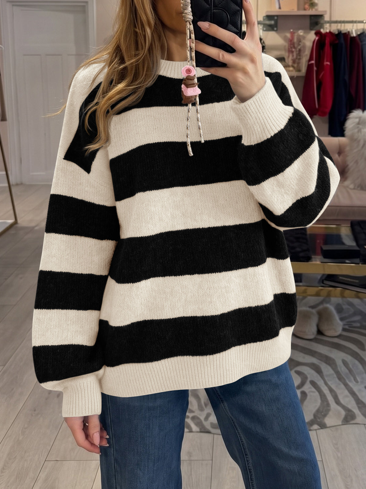 Saodimallsu Womens Oversized Striped Knit Block Sweaters