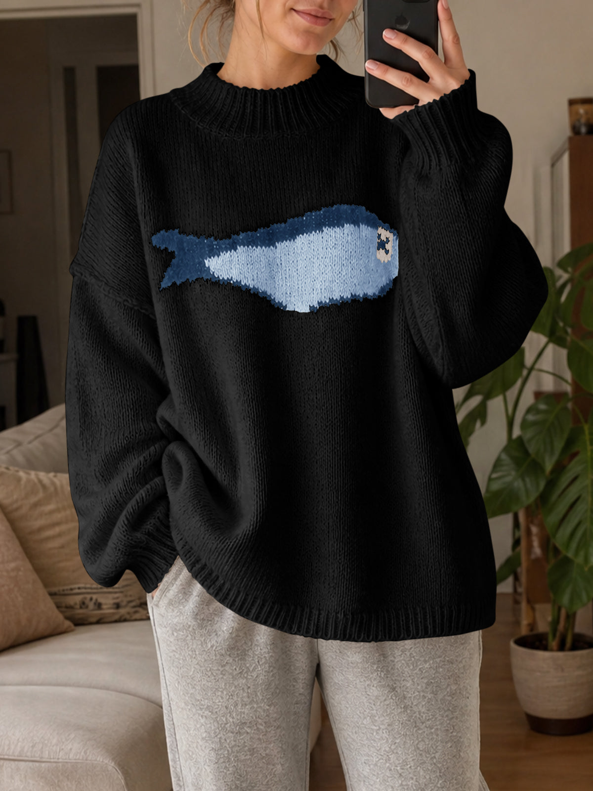 Saodimallsu Womens Fish Graphic Oversized Sweater