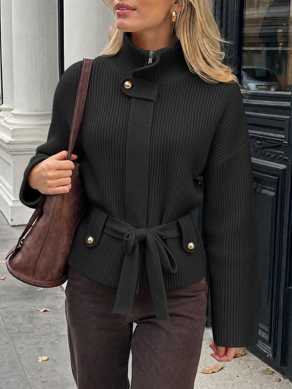 Saodimallsu Womens Zip Up Stand Collar Sweater