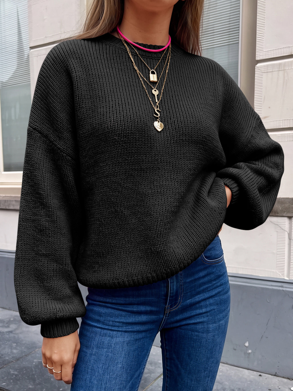 Saodimallsu Womens Crew Neck Slouchy Knit Pullover