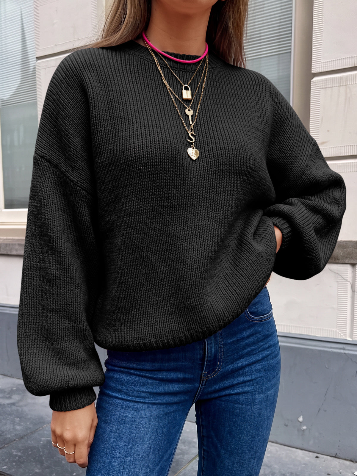 Saodimallsu Womens Crew Neck Slouchy Knit Pullover