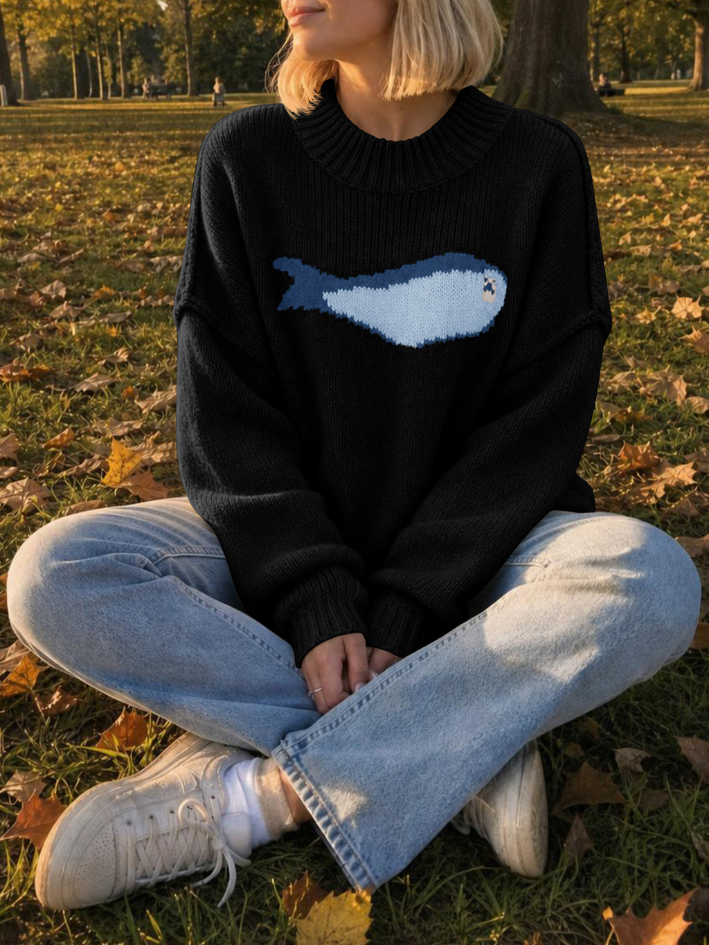 Saodimallsu Womens Fish Graphic Oversized Sweater