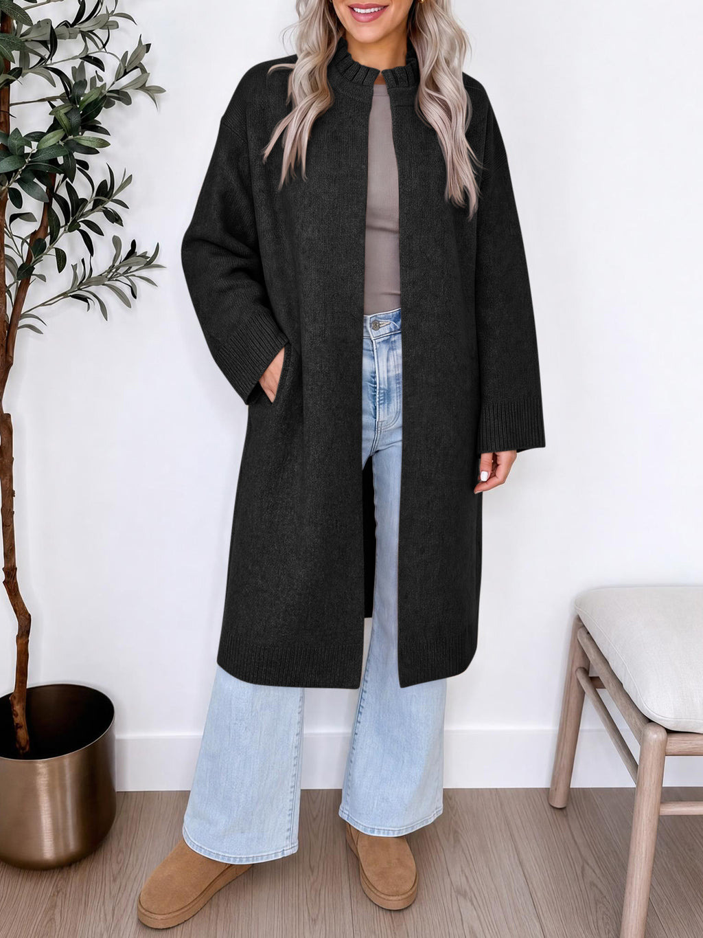 Saodimallsu Womens Ruffle Mock Neck Long Cardigan