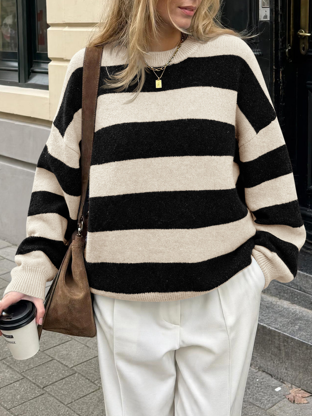 Saodimallsu Womens Oversized Striped Knit Block Sweaters