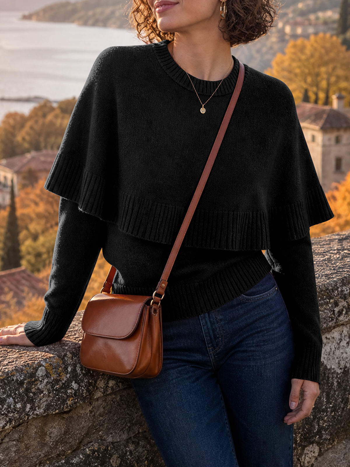 Saodimallsu Womens Poncho Ribbed Knit Sweater