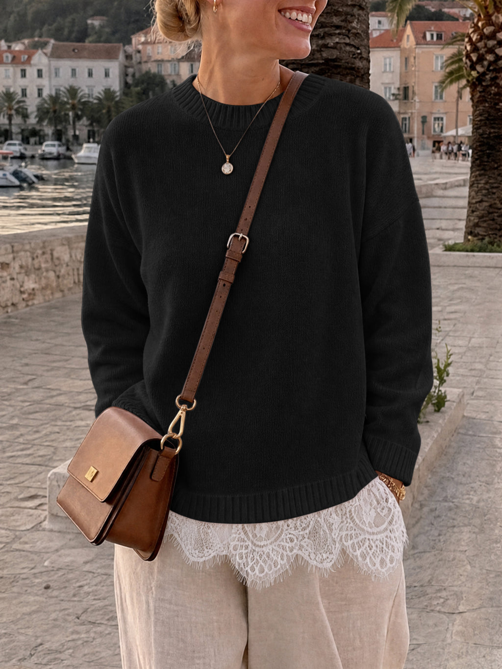 Saodimallsu Womens Lace Patchwork Knit Sweater
