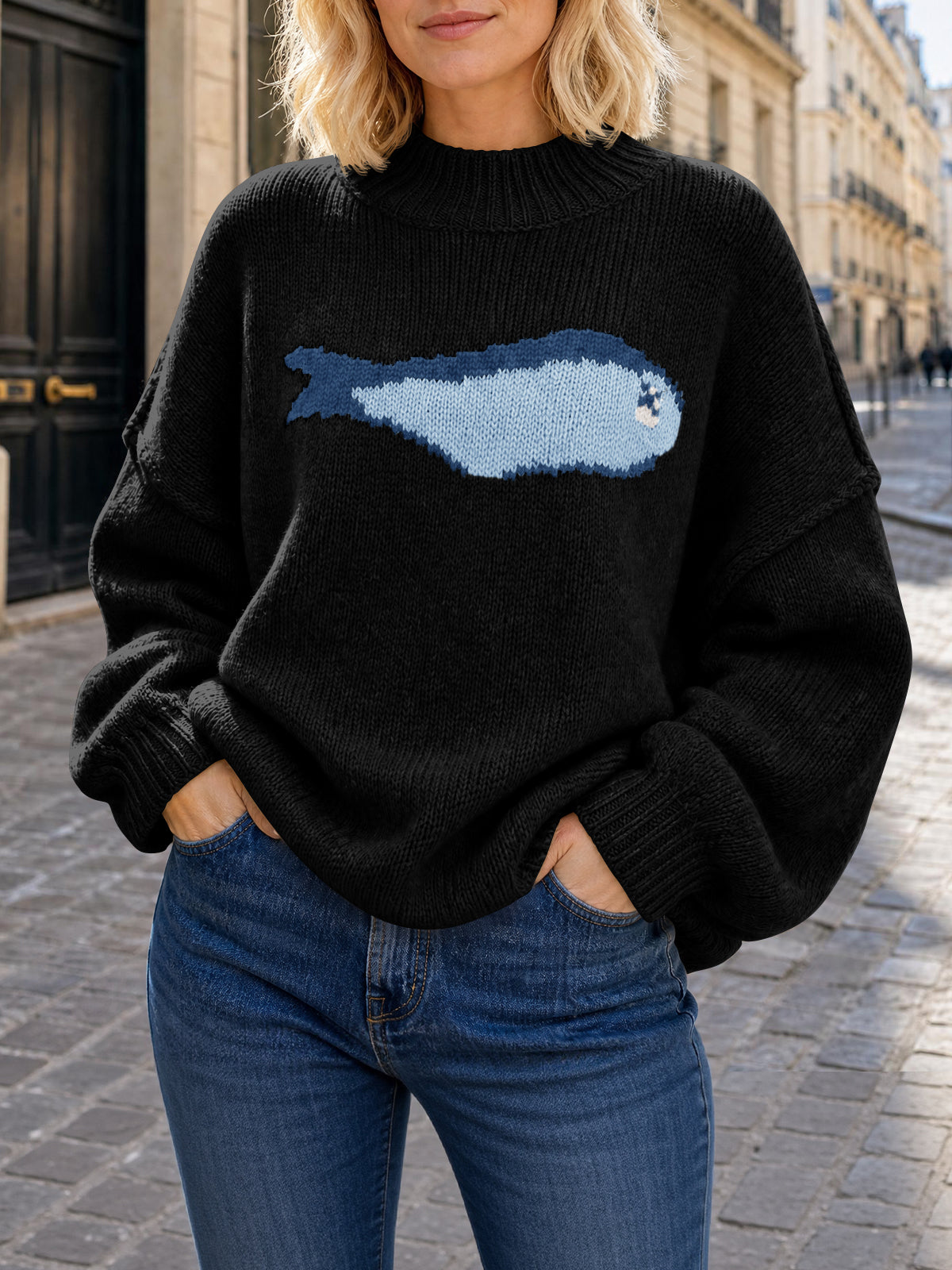 Saodimallsu Womens Fish Graphic Oversized Sweater