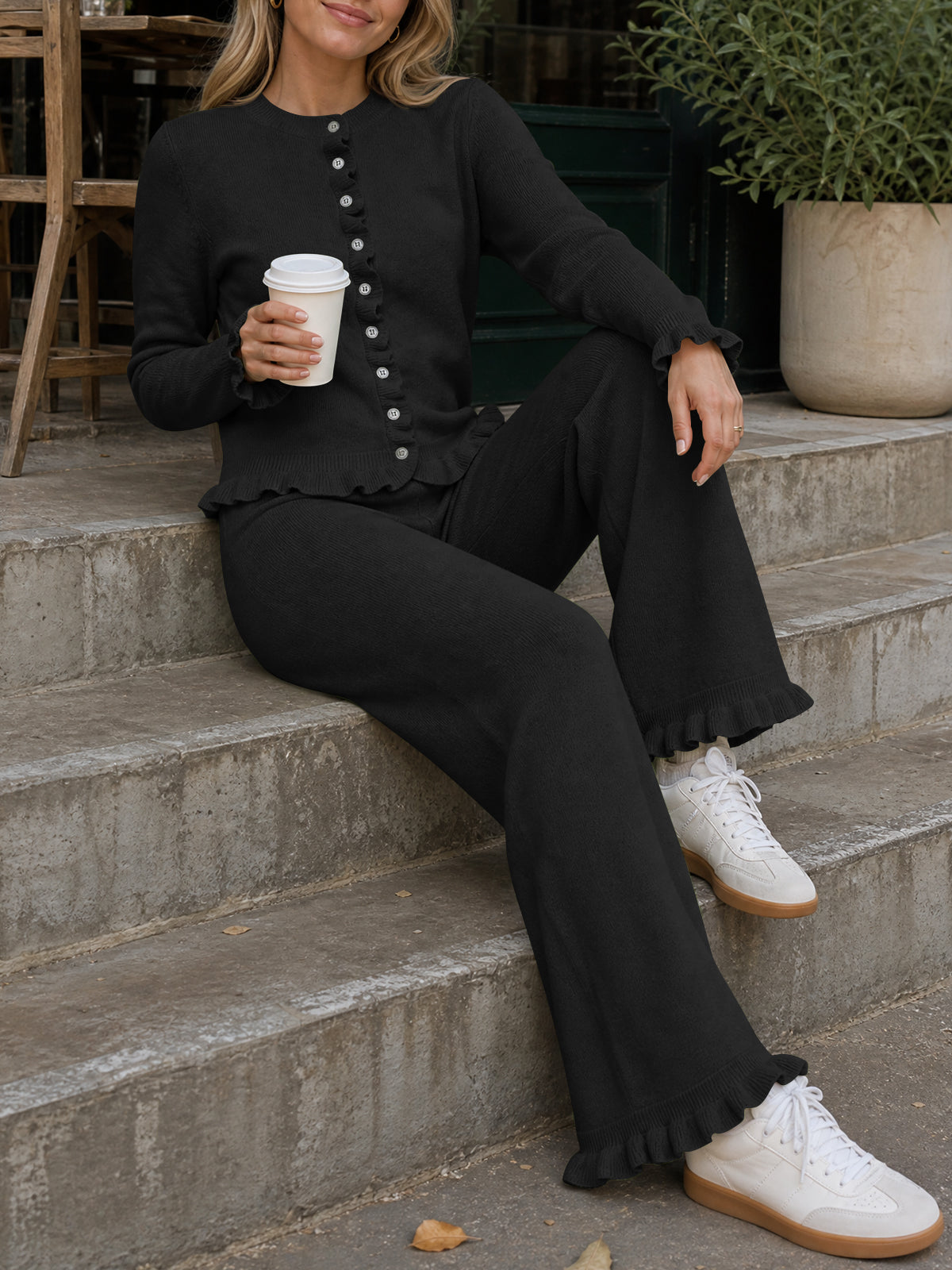 Saodimallsu Women Ruffle Knit Lounge Set