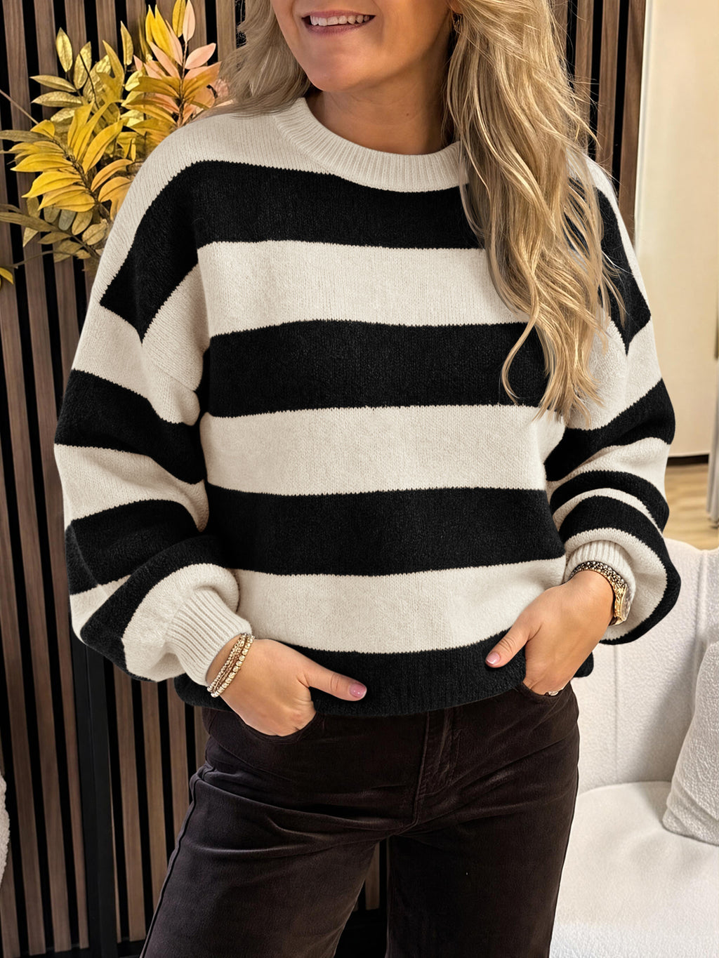 Saodimallsu Womens Oversized Striped Knit Block Sweaters