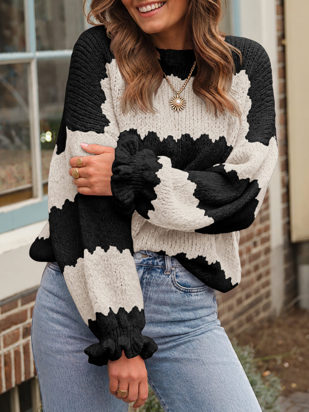 Saodimallsu Womens Striped Color Block Ruffle Sweaters
