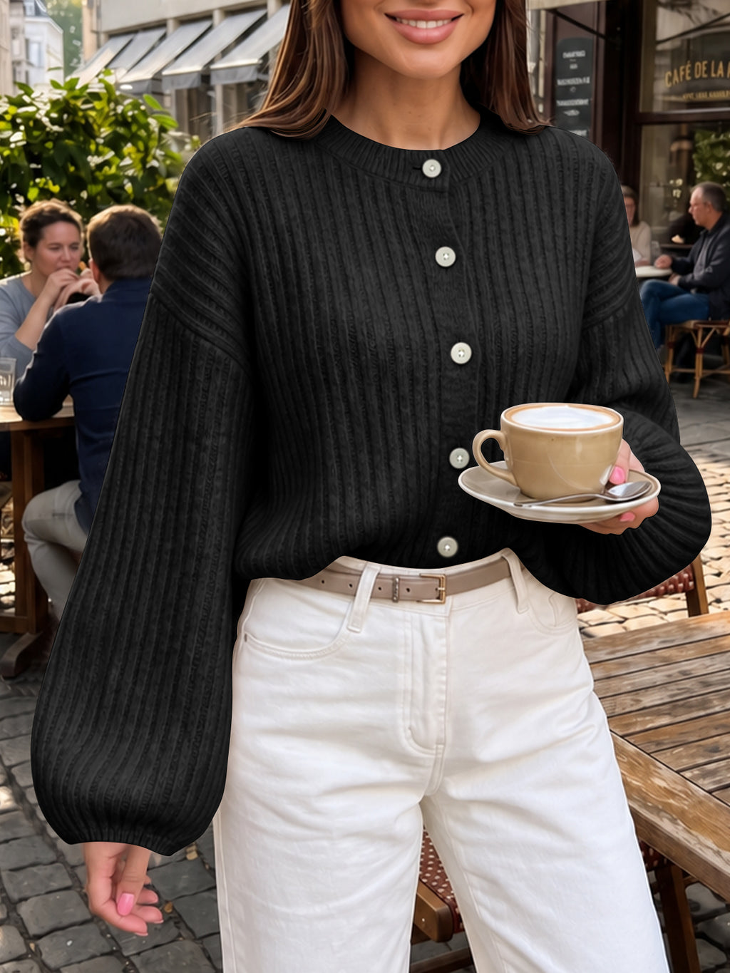 Saodimallsu Womens Lantern Sleeve Button Down Cardigan