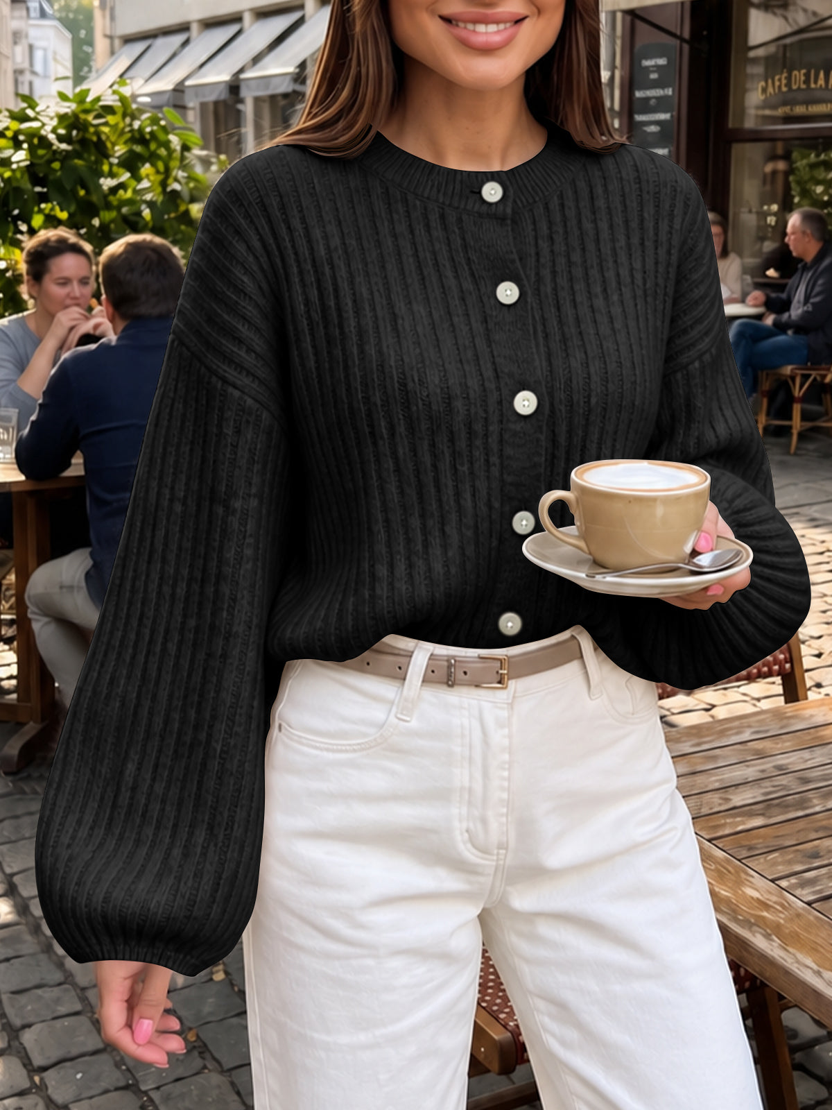 Saodimallsu Womens Lantern Sleeve Button Down Cardigan