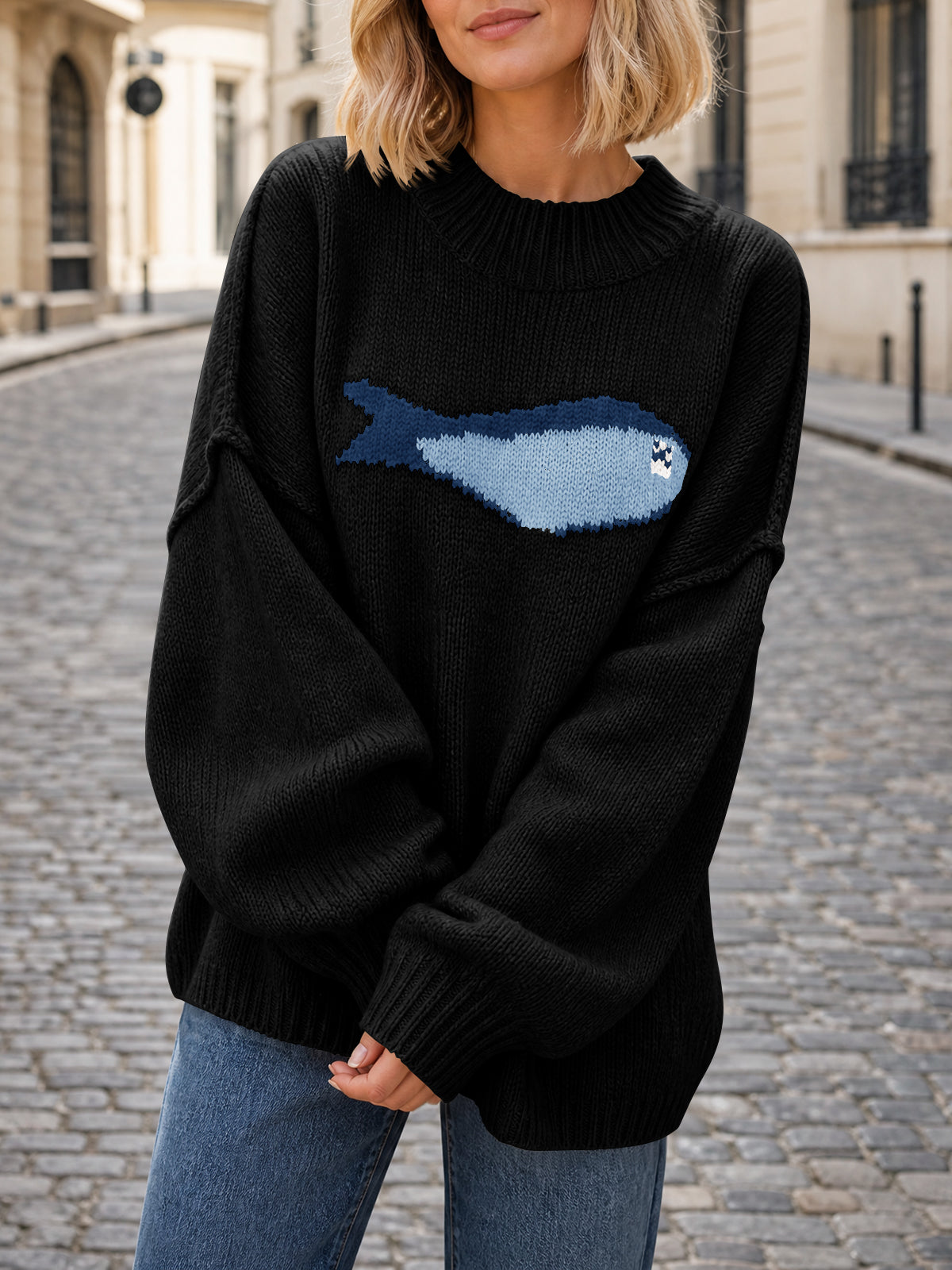 Saodimallsu Womens Fish Graphic Oversized Sweater