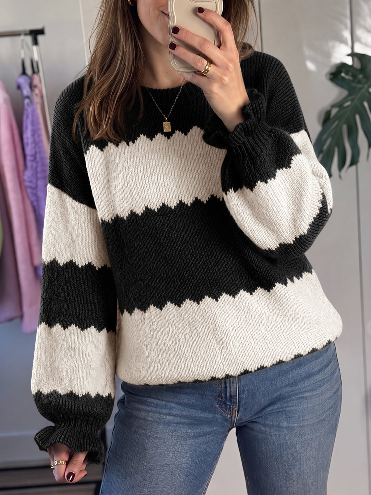 Saodimallsu Womens Striped Color Block Ruffle Sweaters
