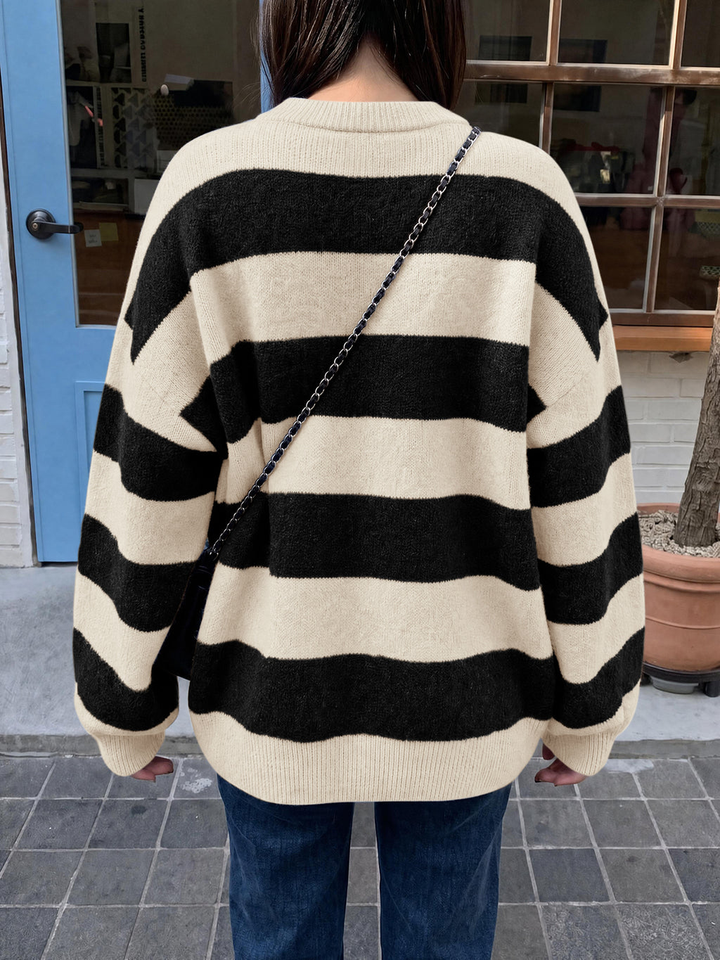 Saodimallsu Womens Oversized Striped Knit Block Sweaters