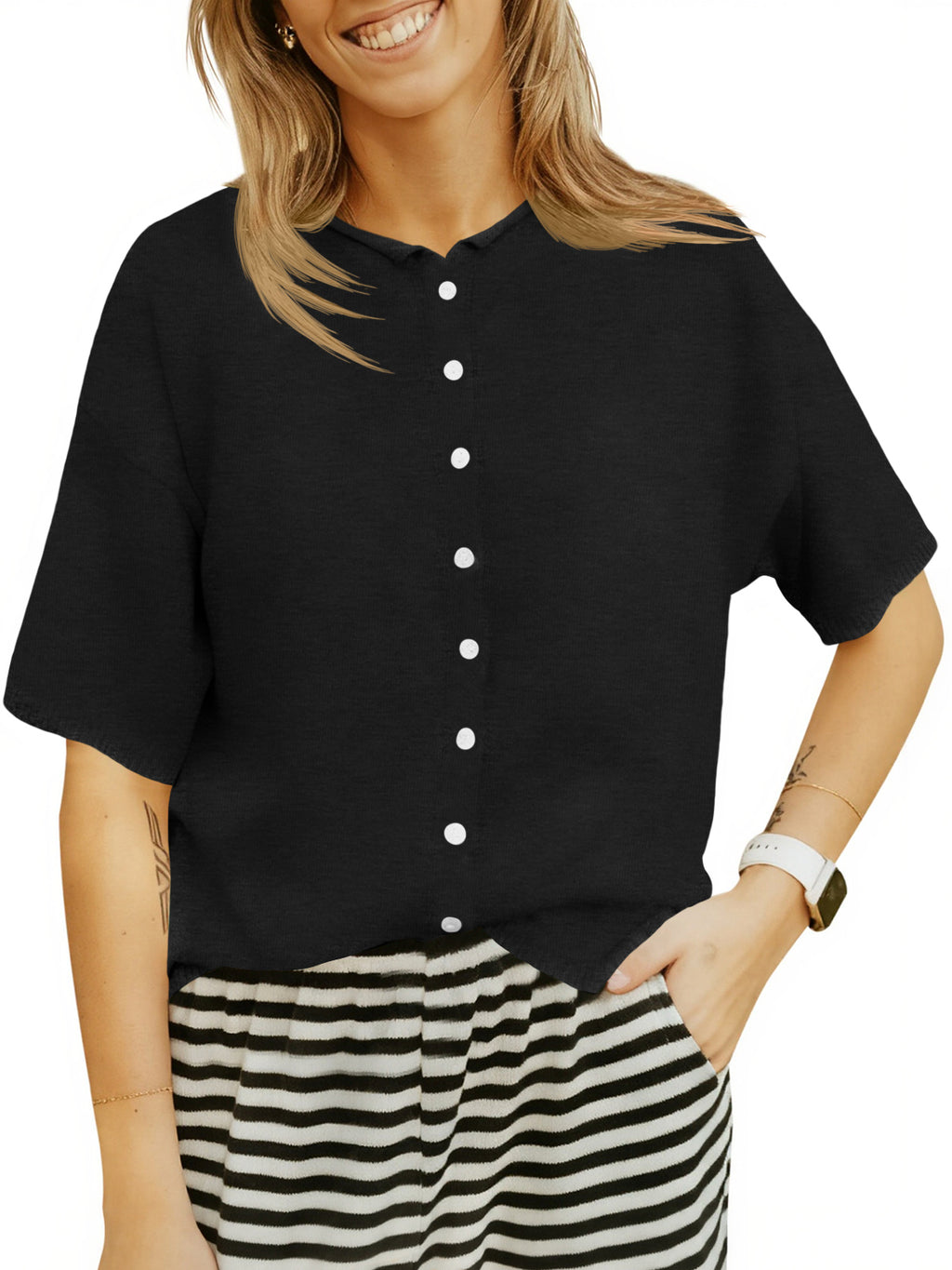 Saodimallsu Womens Crew Neck Button Cardigan