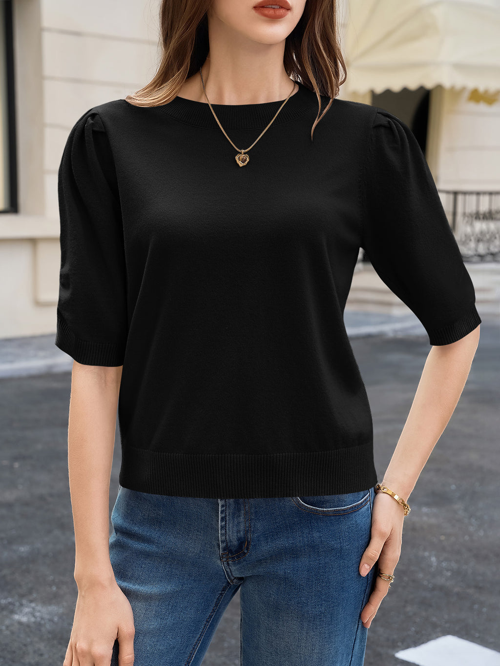 Saodimallsu Womens Puff Sleeve Ruffle Knit Pullover