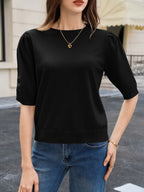 Saodimallsu Womens Puff Sleeve Ruffle Knit Pullover