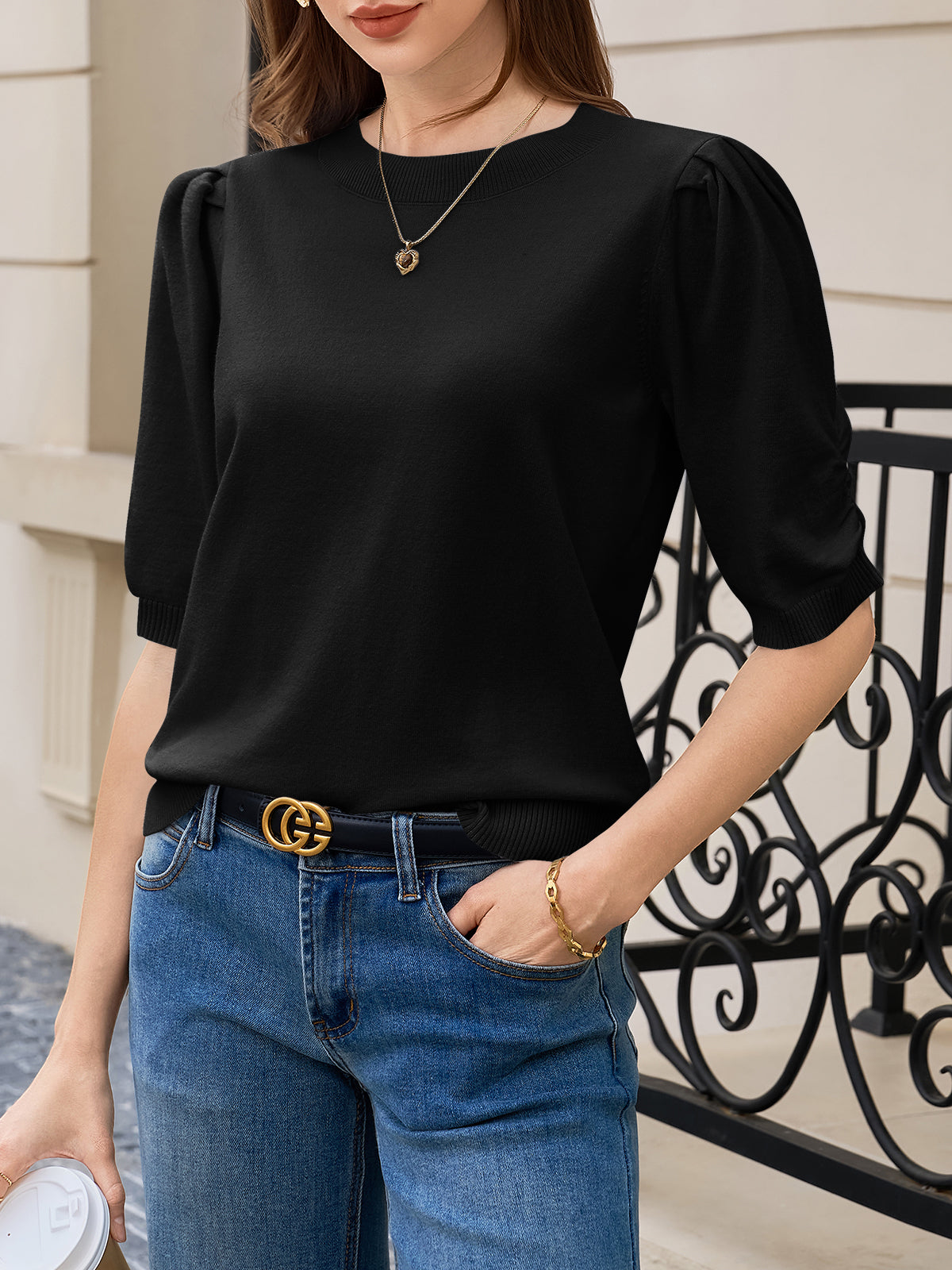 Saodimallsu Womens Puff Sleeve Ruffle Knit Pullover