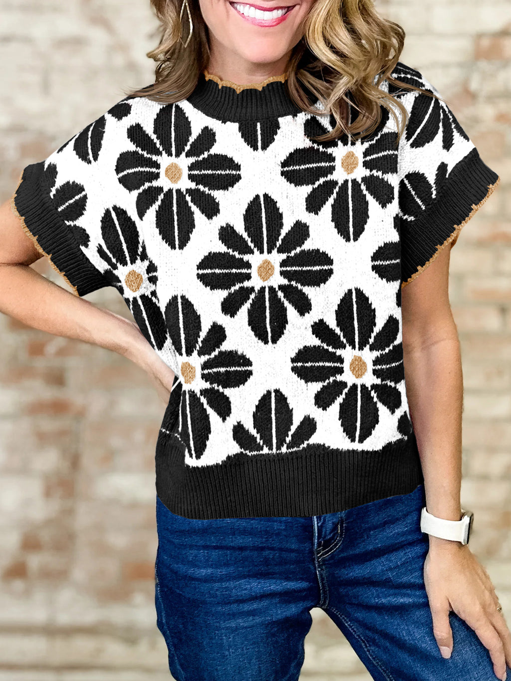 Saodimallsu Womens Floral Short Sleeve Knit Pullover