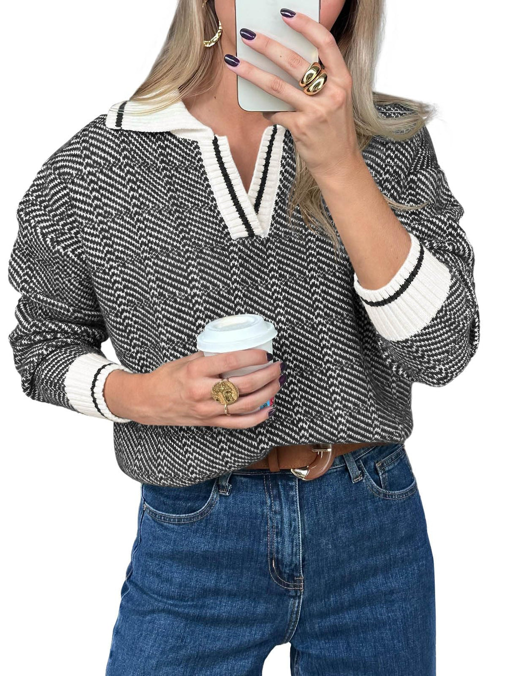 Saodimallsu Womens Fall Lapel V Neck Knit Sweaters