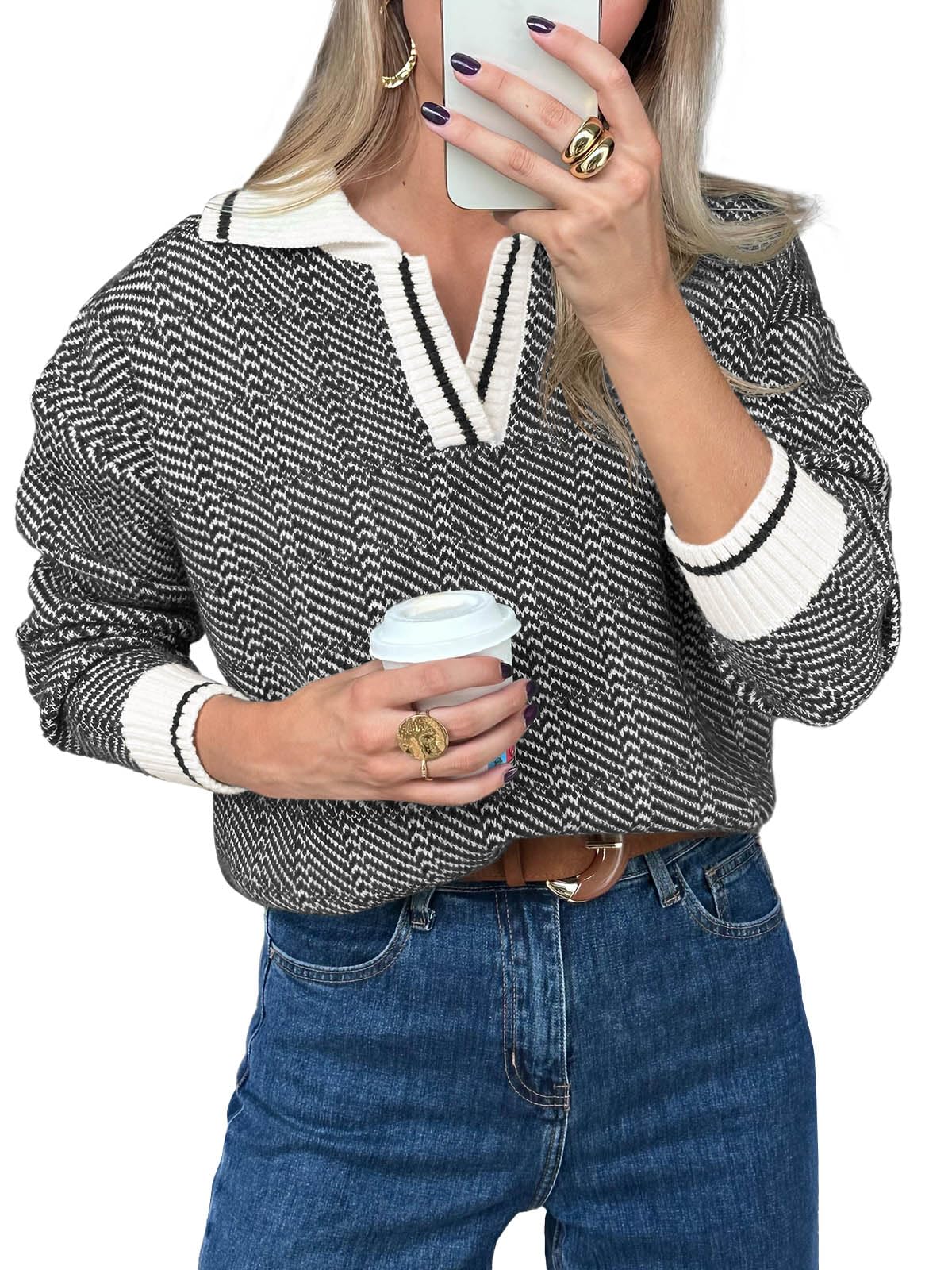 Saodimallsu Womens Fall Lapel V Neck Knit Sweaters