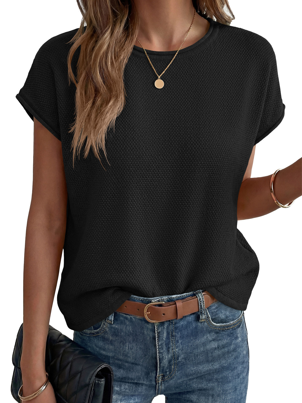 Saodimallsu Womens Waffle Knit Cap Sleeve Top