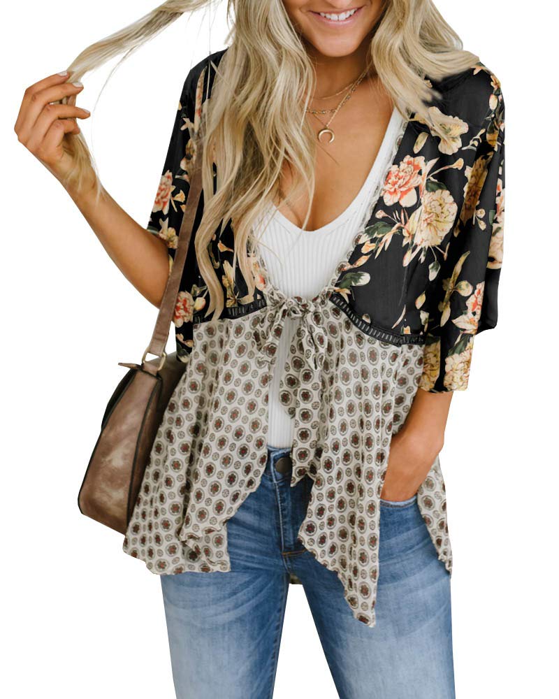 Saodimallsu Womens Tie Front Floral Kimono Cardigans