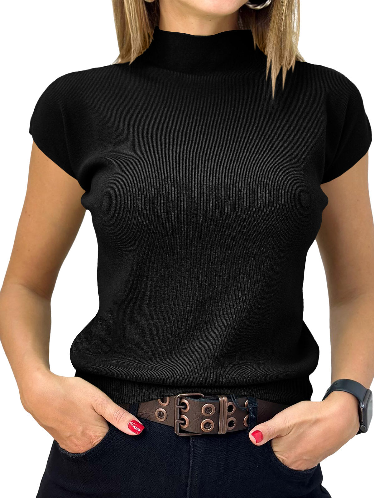 Saodimallsu Womens Mock Neck Short Sleeve Sweater