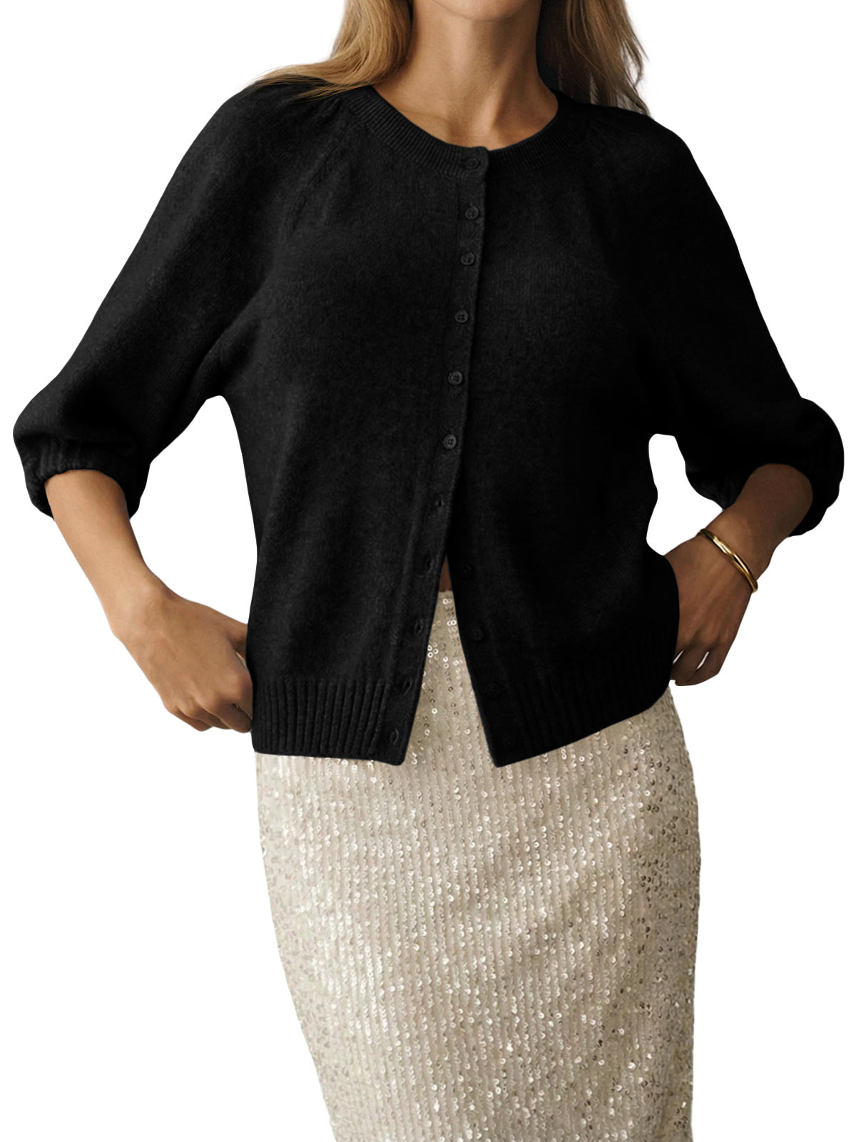 Saodimallsu Womens Puff Sleeve Knit Cardigan