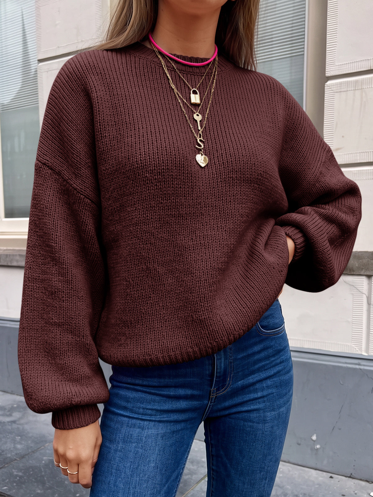 Saodimallsu Womens Crew Neck Slouchy Knit Pullover