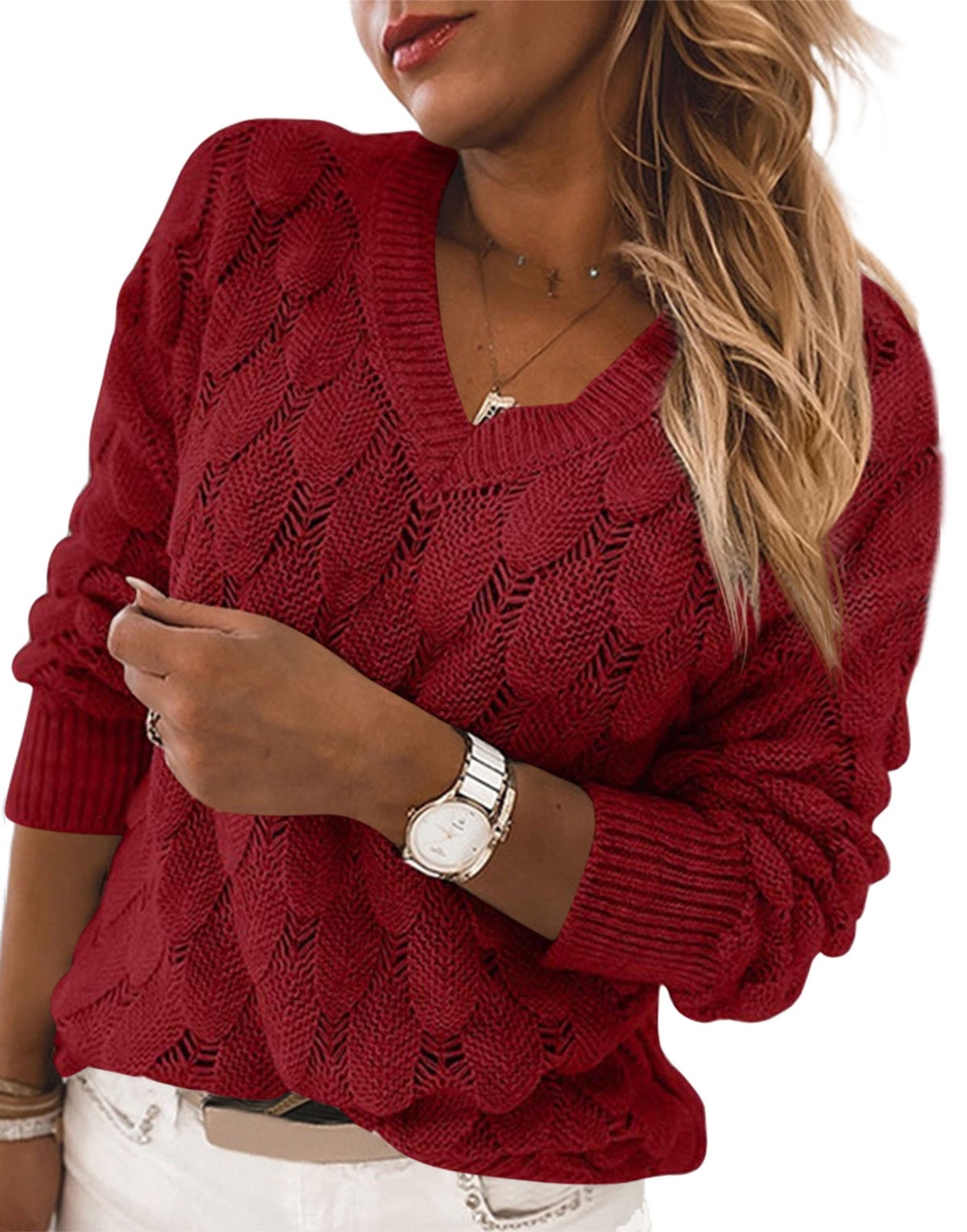 Saodimallsu Womens Crochet V Neck Blouses Sweater