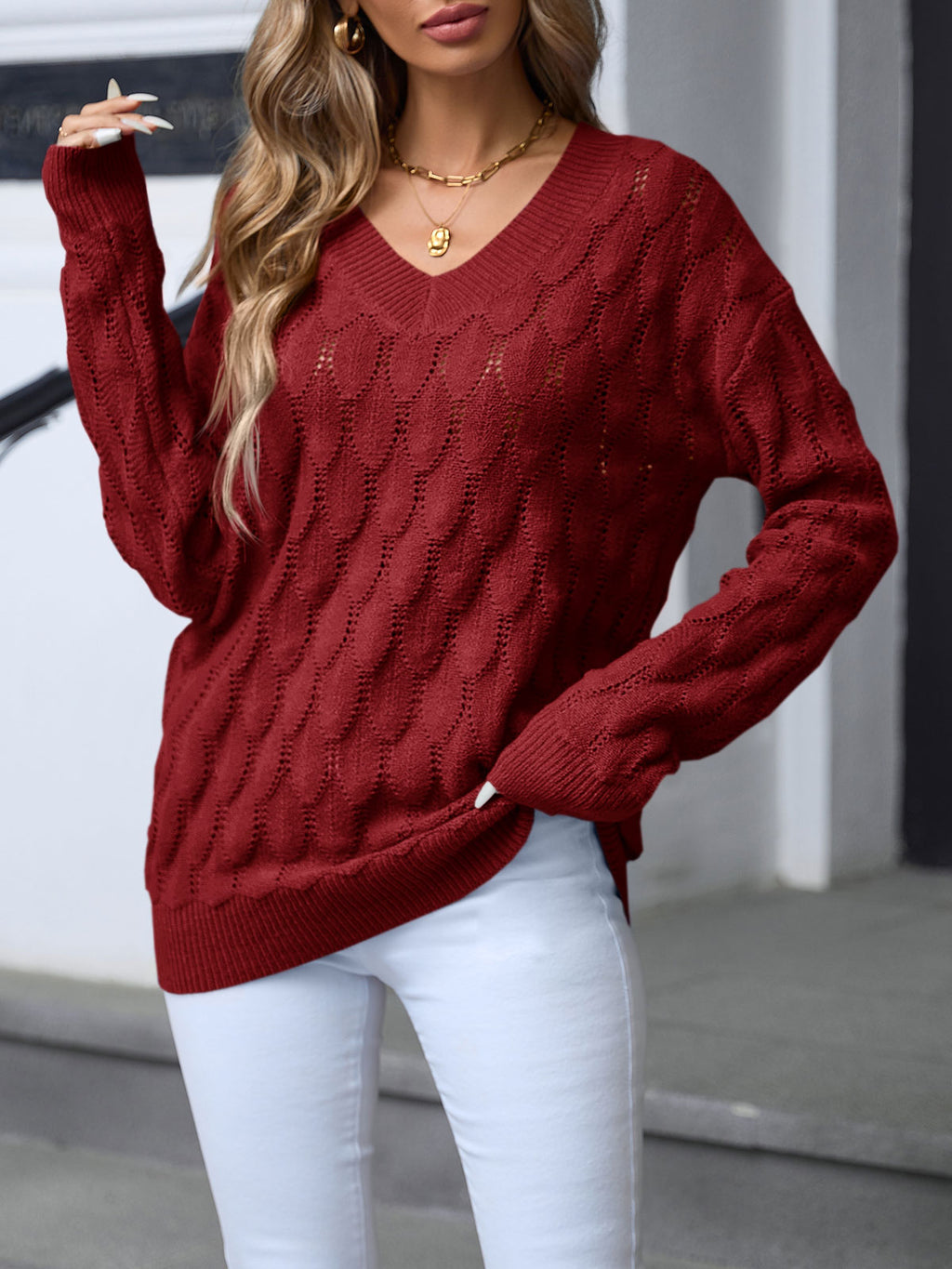 Saodimallsu Womens Crochet V Neck Blouses Sweater