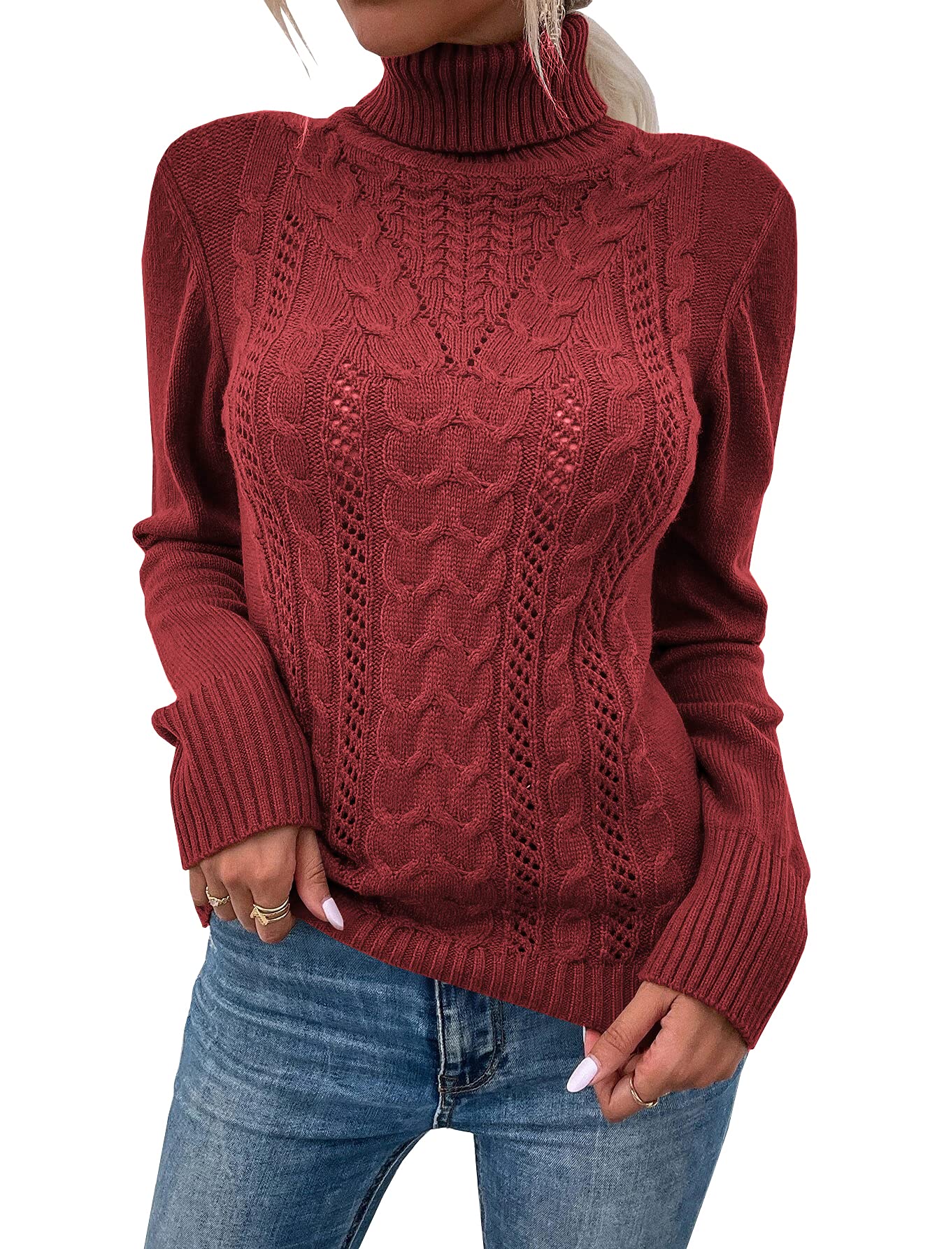 Saodimallsu Women Turtleneck Cable Knit Sweater