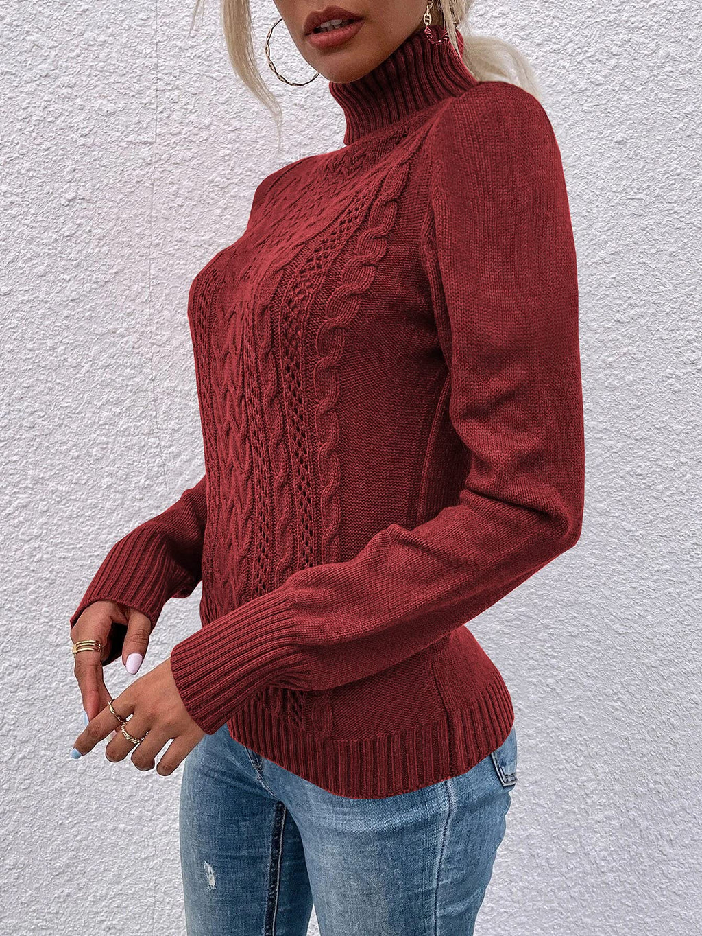 Saodimallsu Women Turtleneck Cable Knit Sweater