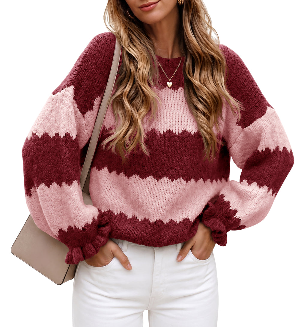 Saodimallsu Womens Striped Color Block Ruffle Sweaters