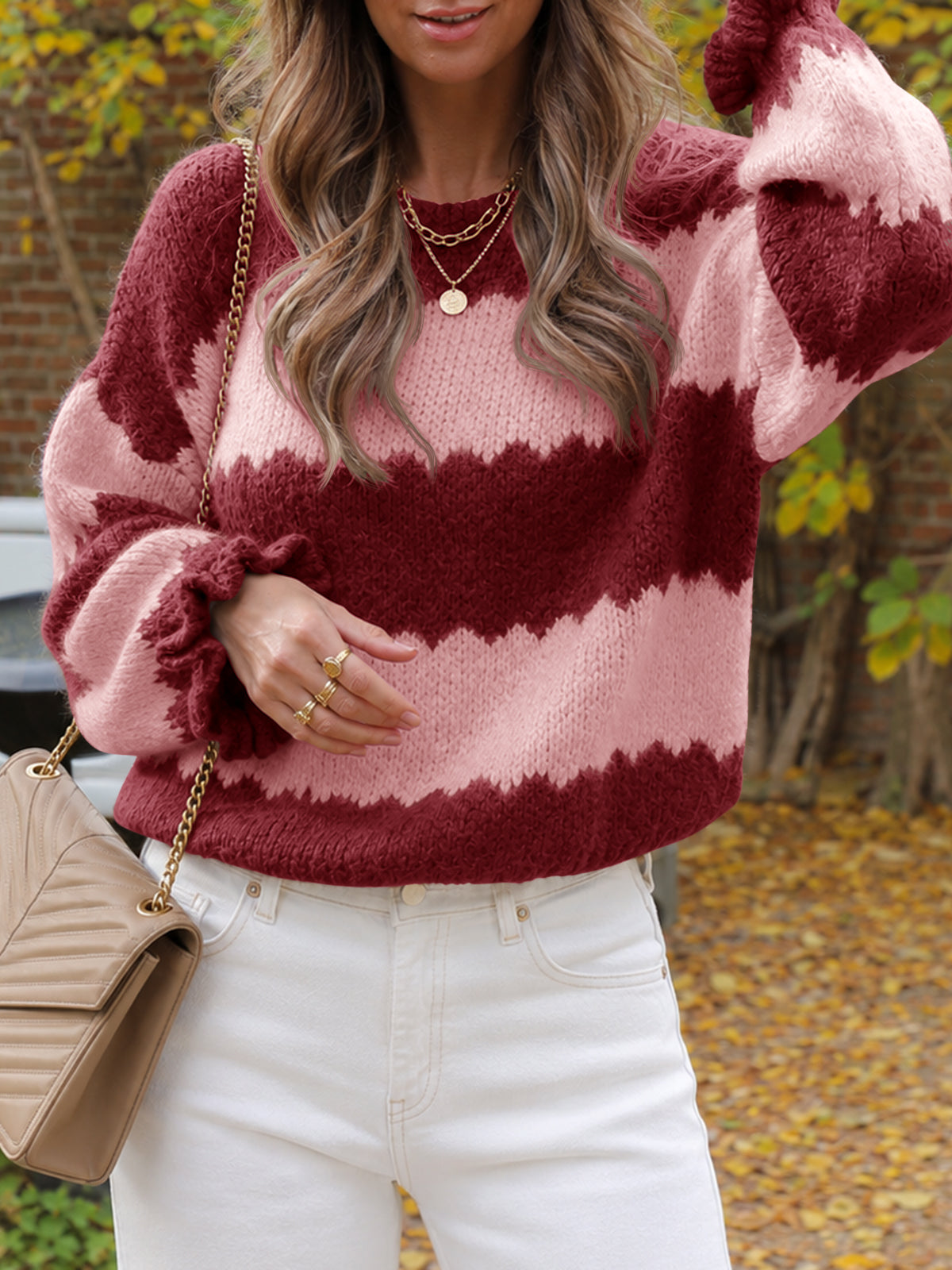 Saodimallsu Womens Striped Color Block Ruffle Sweaters