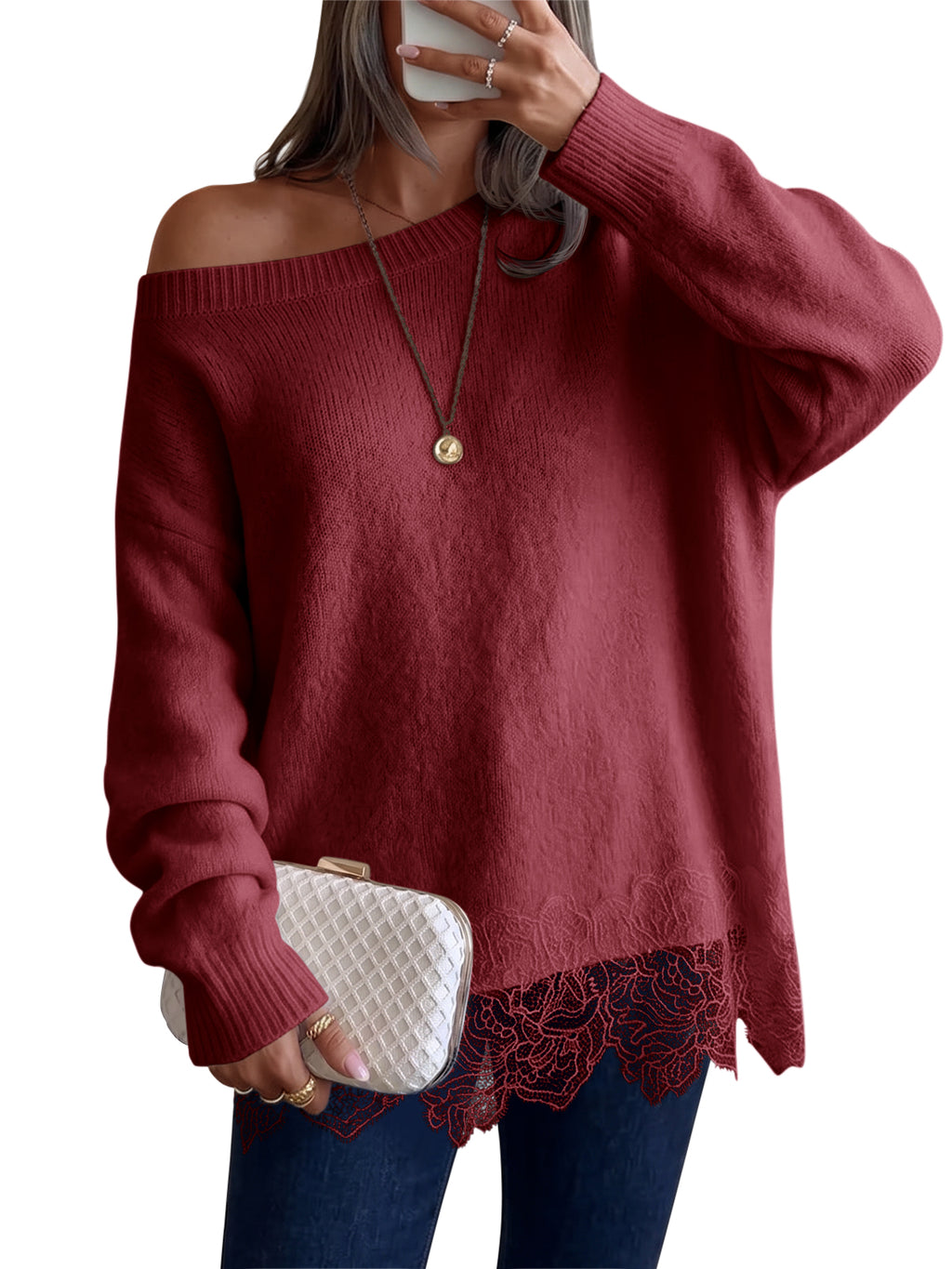 Saodimallsu Women Lace Patchwork Sweater