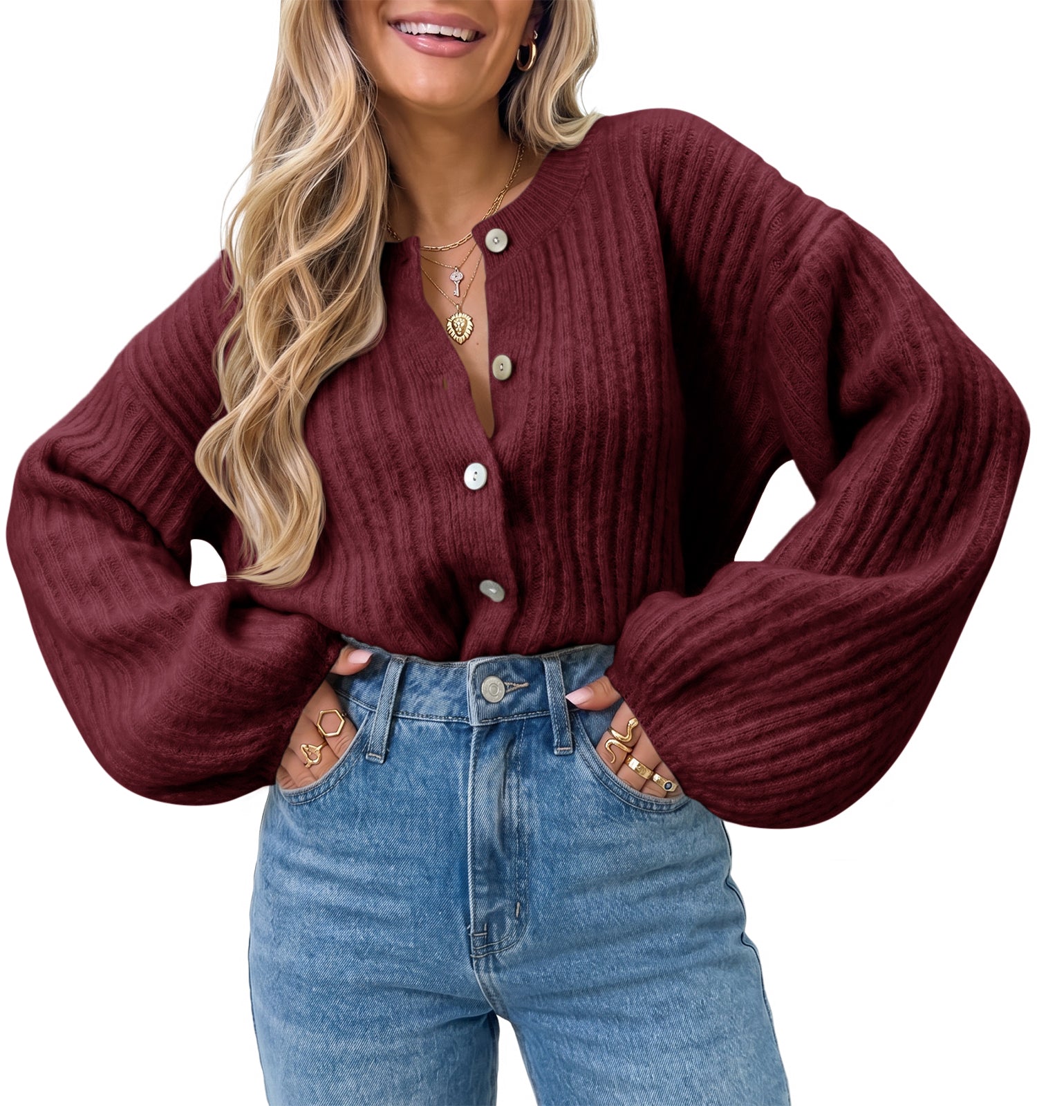 Saodimallsu Womens Lantern Sleeve Button Down Cardigan