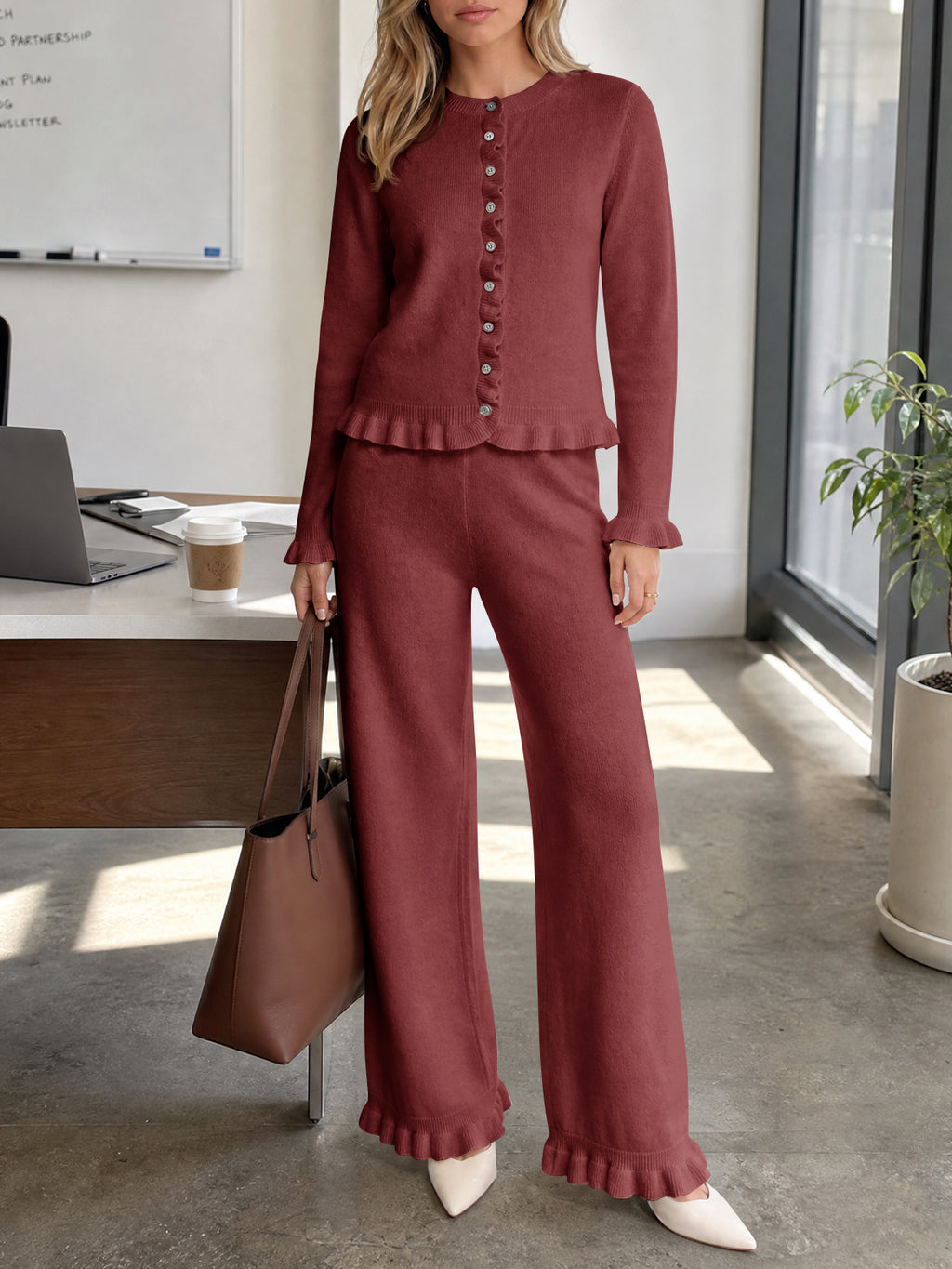 Saodimallsu Women Ruffle Knit Lounge Set