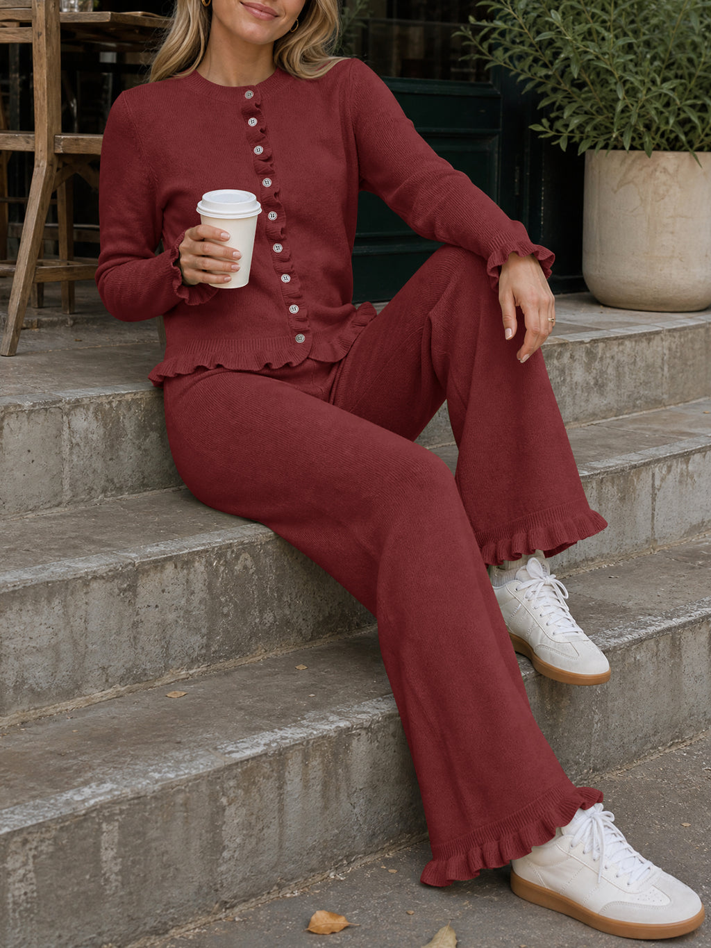 Saodimallsu Women Ruffle Knit Lounge Set
