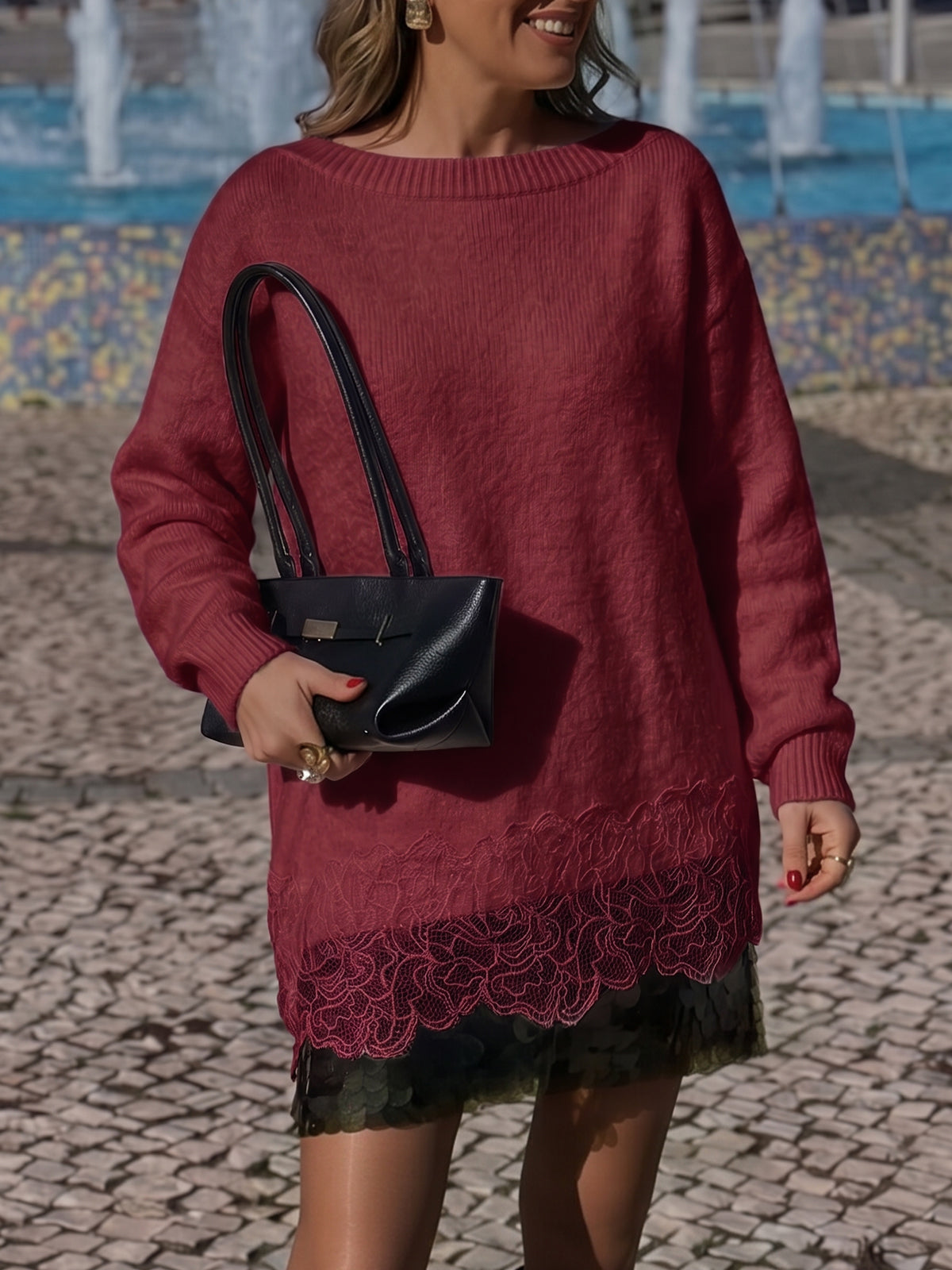 Saodimallsu Women Lace Patchwork Sweater